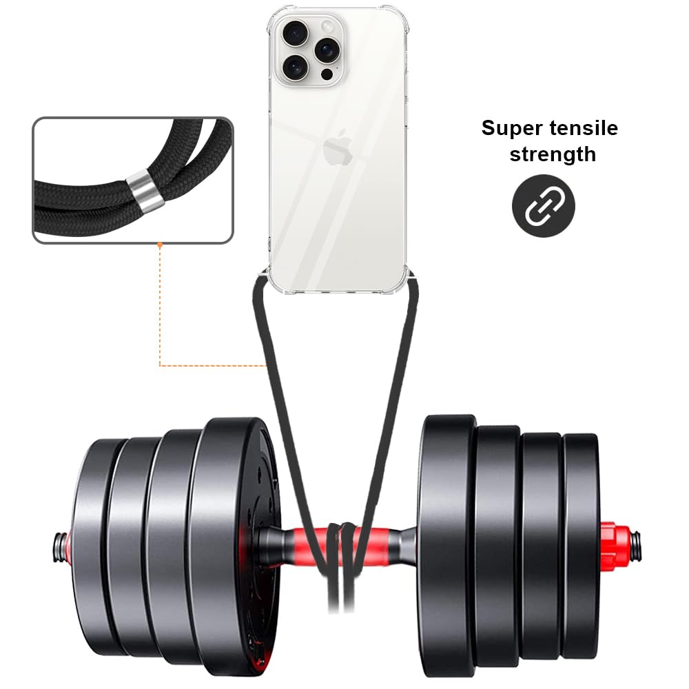 YESPURE Clear Shockproof iPhone 16 Pro Case with Adjustable Neck Strap - Soft TPU Bumper Protective Cover (Black) | Perfect for Hands-Free Use While Traveling, Shopping & Outdoor Activities