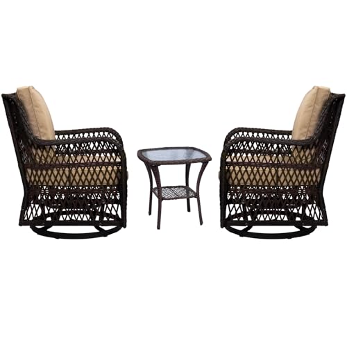 GARVEE 3-Piece Rattan Swivel Rocking Chair Set for Outdoor Patio, Wicker Bistro Conversation Furniture with Cushions & Side Table - Perfect for Garden, Porch, and Backyard Relaxation