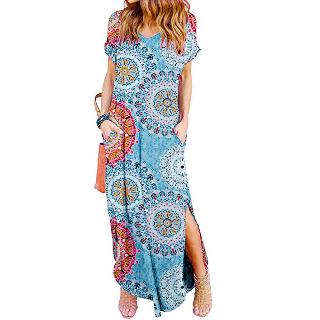 Plus Size Maxi Dresses for Women - Casual Summer Floral Print Long Dress with Pockets & Short Sleeve Split Design | Perfect for Beach Vacations, Date Nights & Summer Outings