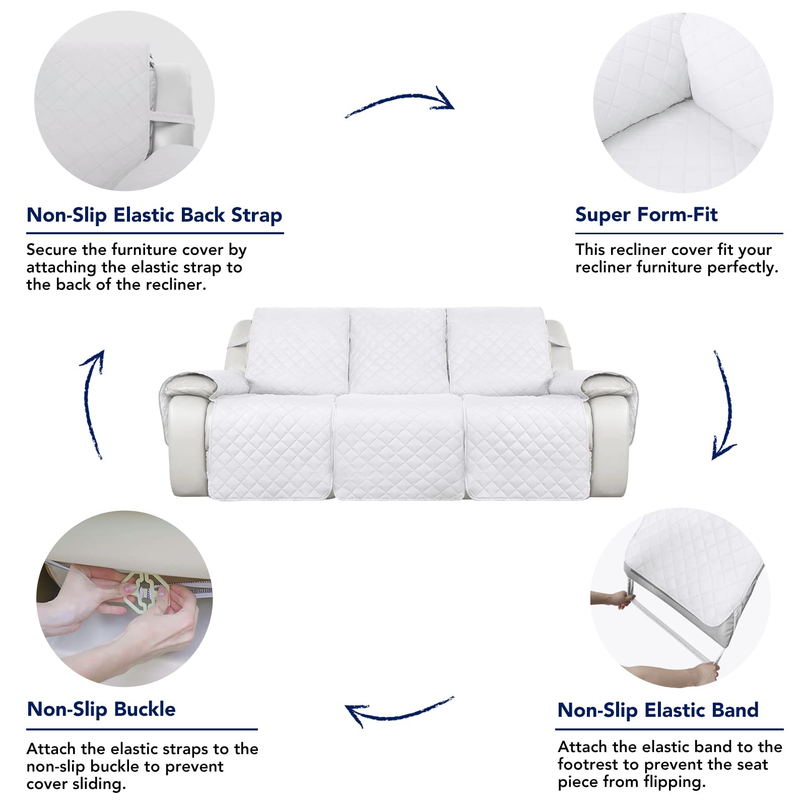 PureFit Waterproof Reversible 3-Seater Recliner Sofa Cover - Non-Slip Split Design for Reclining Couches, Washable Furniture Protector for Pets & Kids (White/White) | Perfect for Living Rooms, Family Gatherings & Pet-Friendly Homes