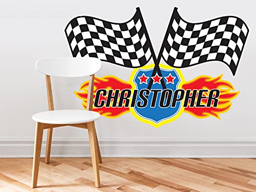 Custom Name Race Flags Fabric Wall Decal - NASCAR Inspired Reusable Racing Wall Stickers for Bedroom, Game Room & Man Cave Decor
