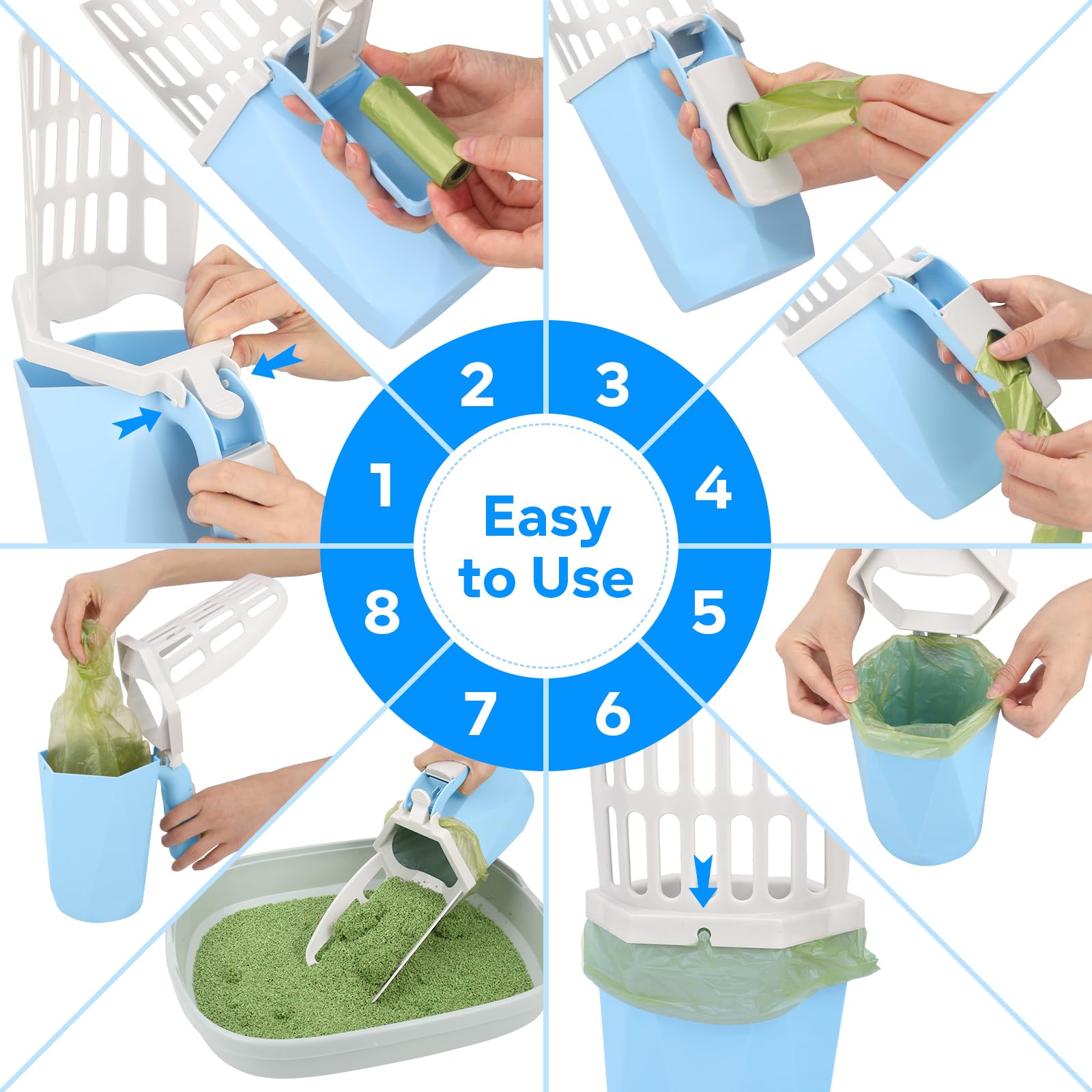 Upgraded Cat Litter Scooper with Holder - Includes Waste Can & 150 Count Litter Bags - Durable Portable Litter Shovel for Easy Cleanup - Perfect for Home, Travel & Multi-Cat Households