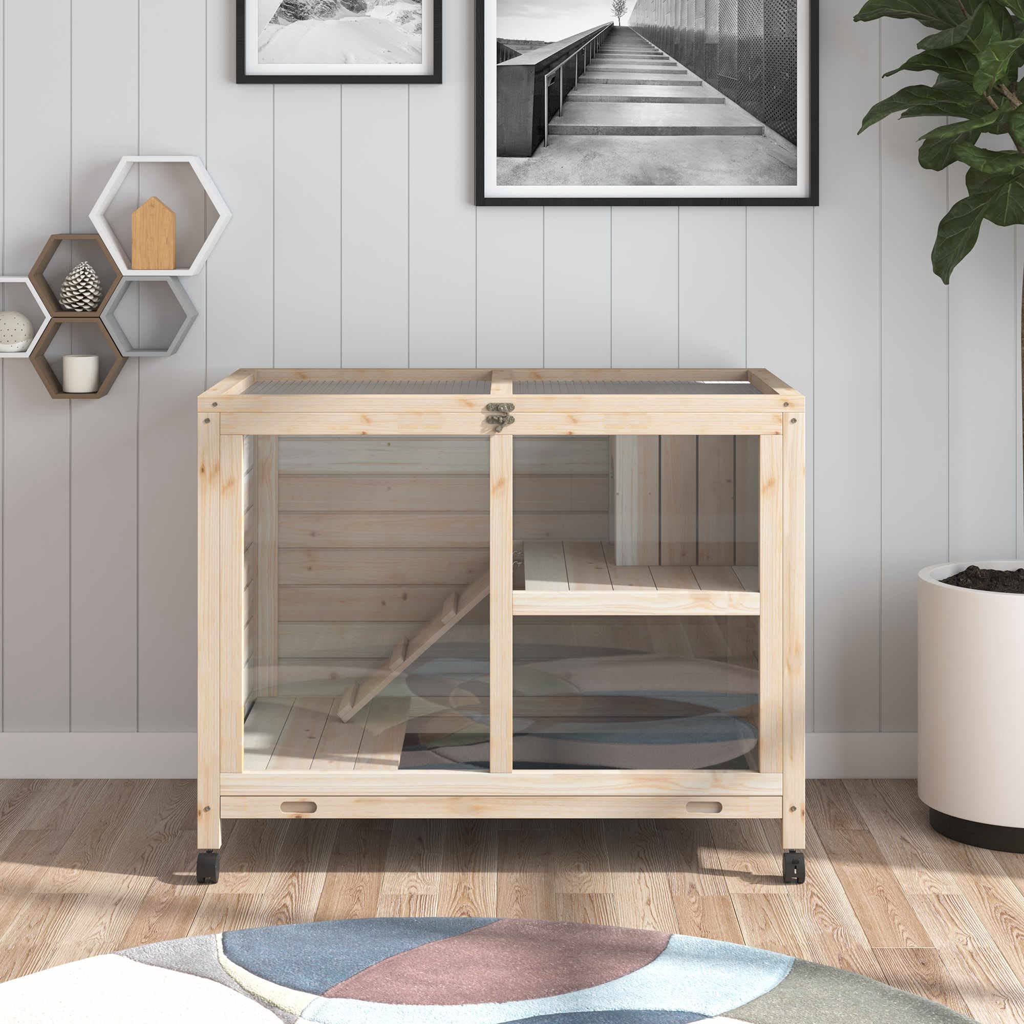 PawHut Wooden Rabbit Hutch with Wheels - Waterproof Bunny Cage with Removable Tray & Openable Roof - Indoor/Outdoor Small Animal House for Rabbits, Guinea Pigs - Perfect for Backyard, Garden or Patio Use