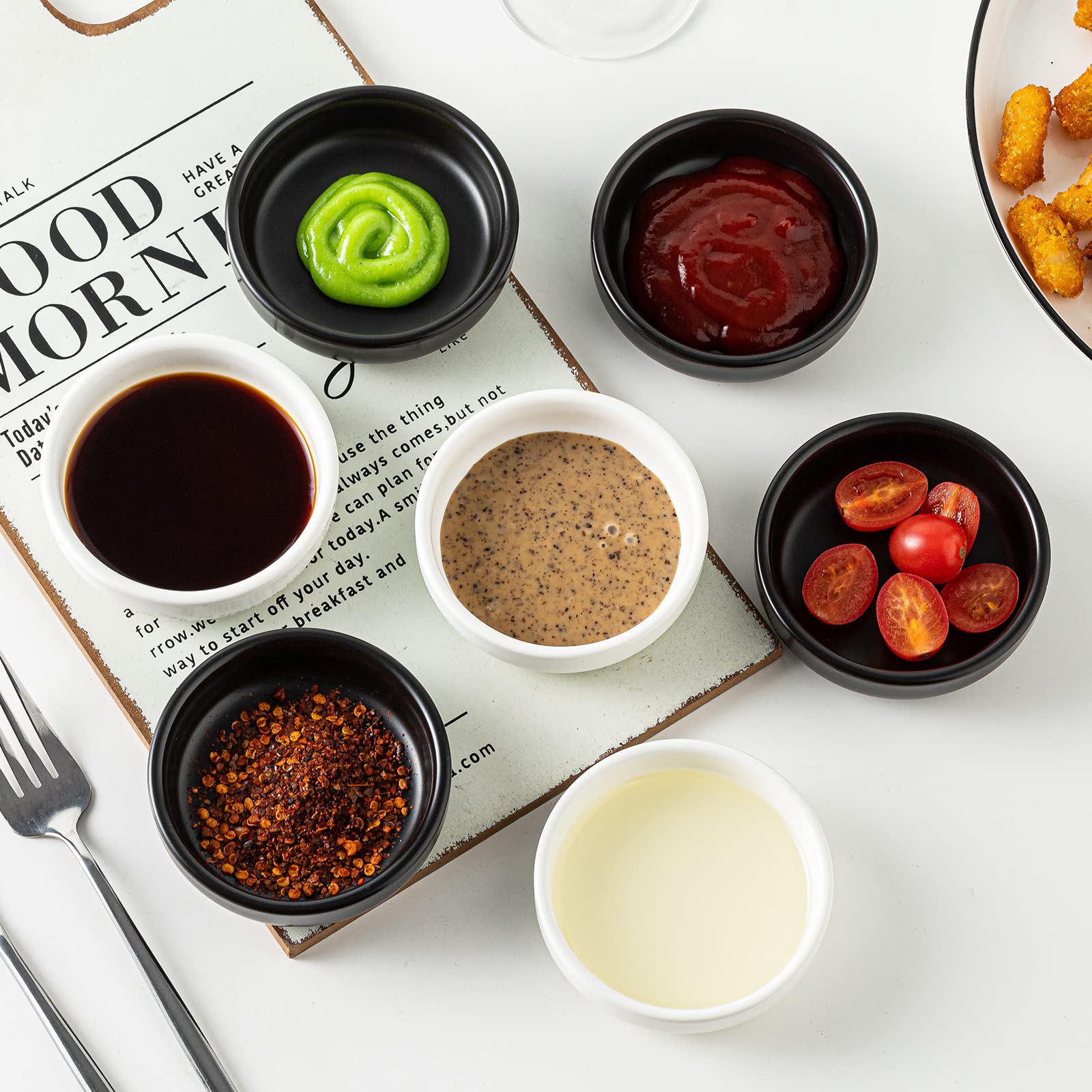 Premium Ceramic Dipping Bowls Set of 6 (2 oz) - Small Sauce Dishes for Soy Sauce, Condiments, BBQ, Sushi & Appetizers - Elegant Black Side Dish Bowls for Restaurants, Dinner Parties & Home Entertaining