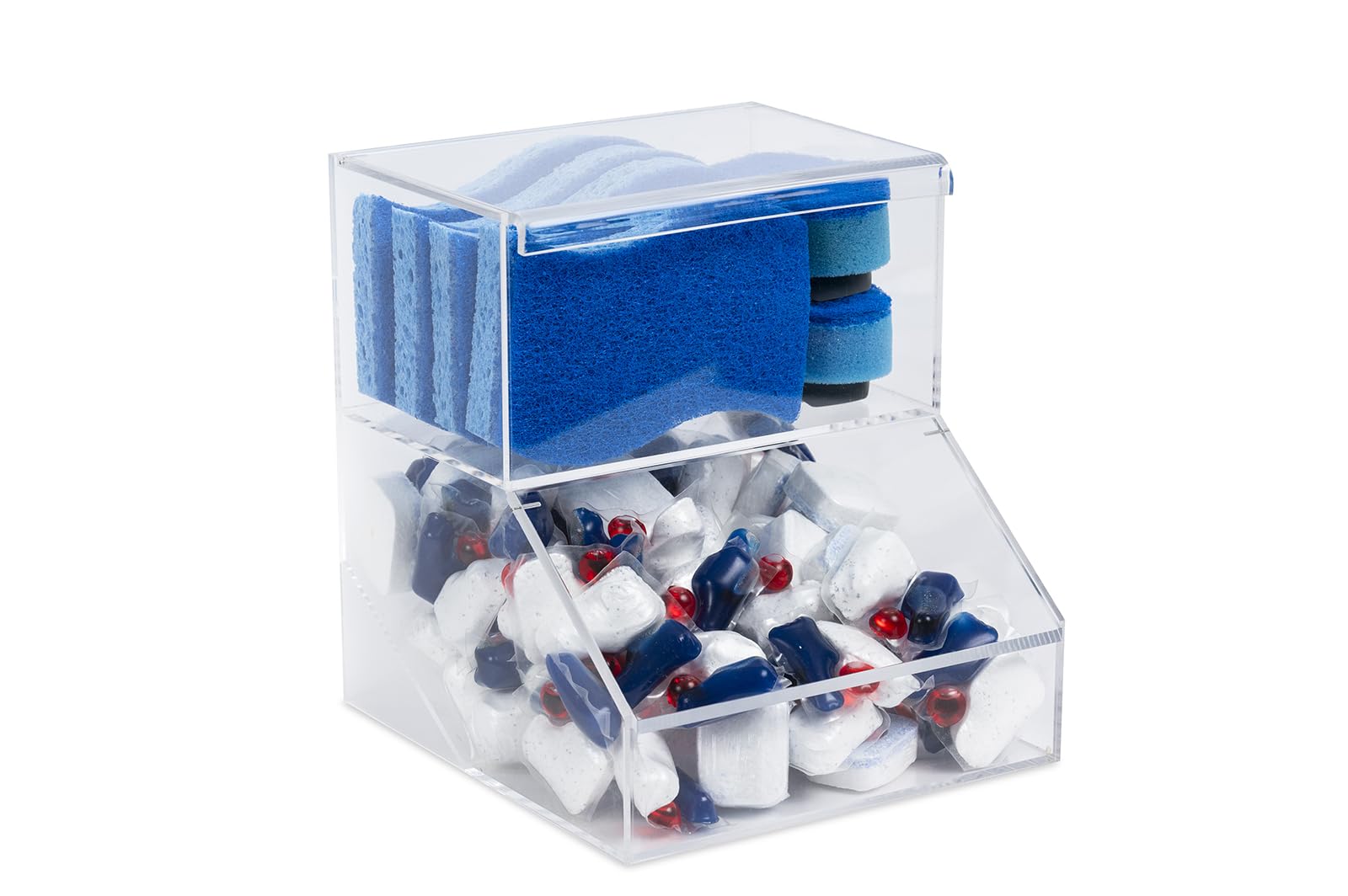 Acrylic Dishwasher Pods & Sponge Holder with Lids - 2 Compartment Storage Container for Detergent Tablets, Dryer Sheets, Laundry Pods | Kitchen Sink Organization & Countertop Storage Solution for Sponges, Soap, and Cleaning Supplies
