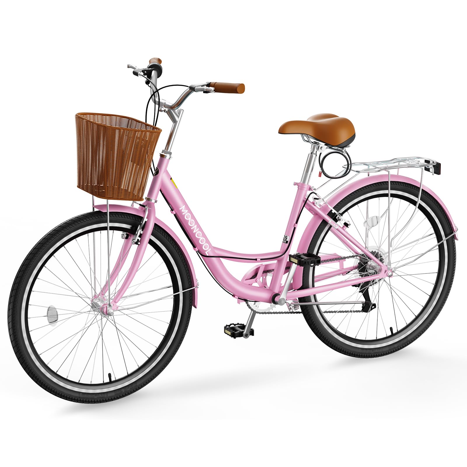 MOPHOTO Women's 7-Speed Beach Cruiser Bike - 24 & 26 Inch Step-Through City Commuter Bicycle with Rattan Basket for Adults, Girls & Ladies - Perfect for Coastal Rides, Urban Commuting & Leisure Cycling
