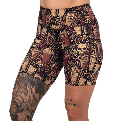 Women's High Waisted Workout Shorts - Caffeine Queen - Comfortable & Breathable for Running, Yoga & Gym