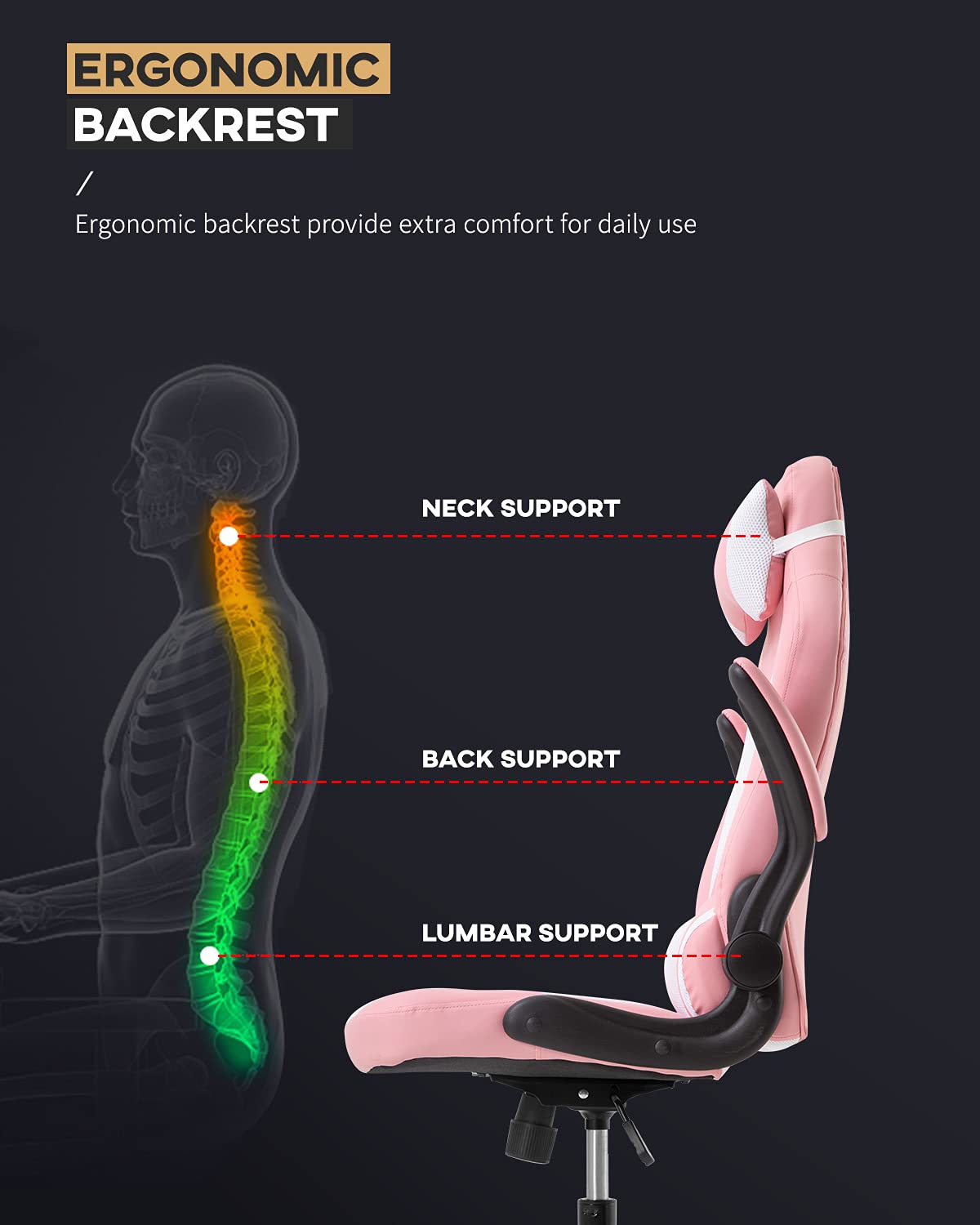 Ergonomic PC Gaming Chair with Adjustable Armrests, Headrest & Lumbar Support - High Back PU Leather Office Desk Chair for Home, Work & Gaming - Comfortable Executive Racing Style Computer Chair (Pink) - Perfect for Esports, Streaming & Long Work Sessions