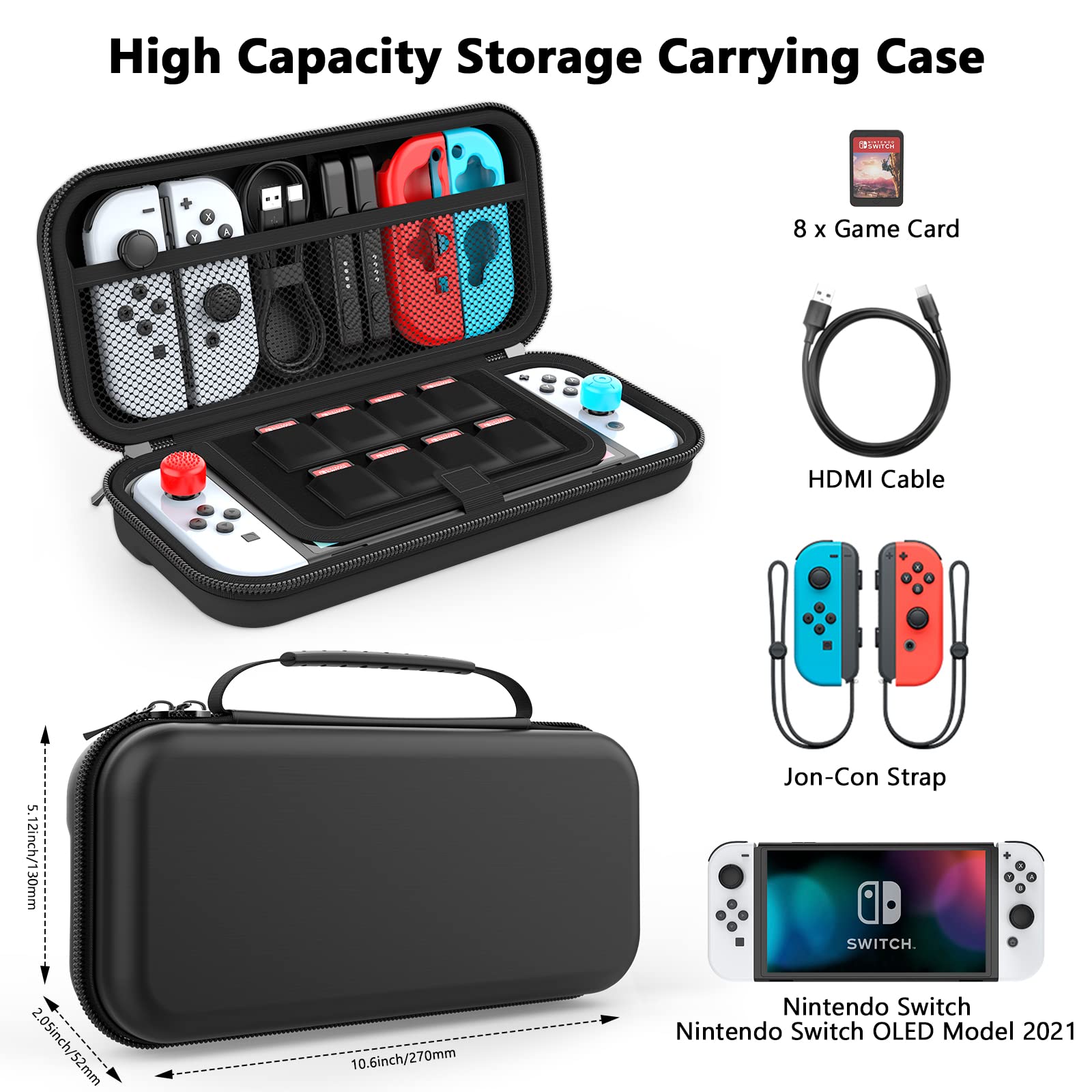 HEYSTOP Protective Case for Nintendo Switch & Switch OLED - Durable Travel Carry Case with Extra Storage Space | Black Unisex Design | Perfect for Gaming On-The-Go & Accessories Organization