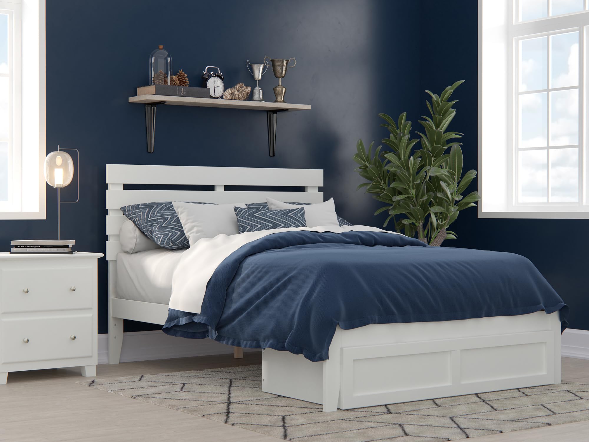AFI Oxford Full Size Platform Bed with Foot Drawer & USB Charging Station - White Modern Bed Frame for Small Spaces | Perfect for Apartments, Dorms & Guest Rooms