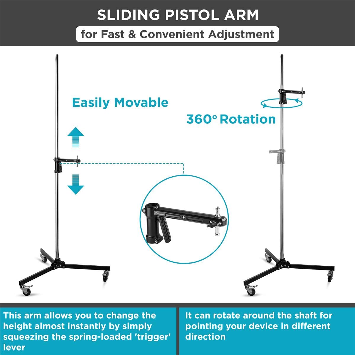 Flashpoint RB-PG Heavy Duty Steel Wheeled Pistol Grip Light Stand for Photography - 6.5' Max Height, 22 Lbs Load Capacity with Sliding Arm & Chrome-Plated Column - Perfect for Studio, Portrait, and Video Lighting Setups