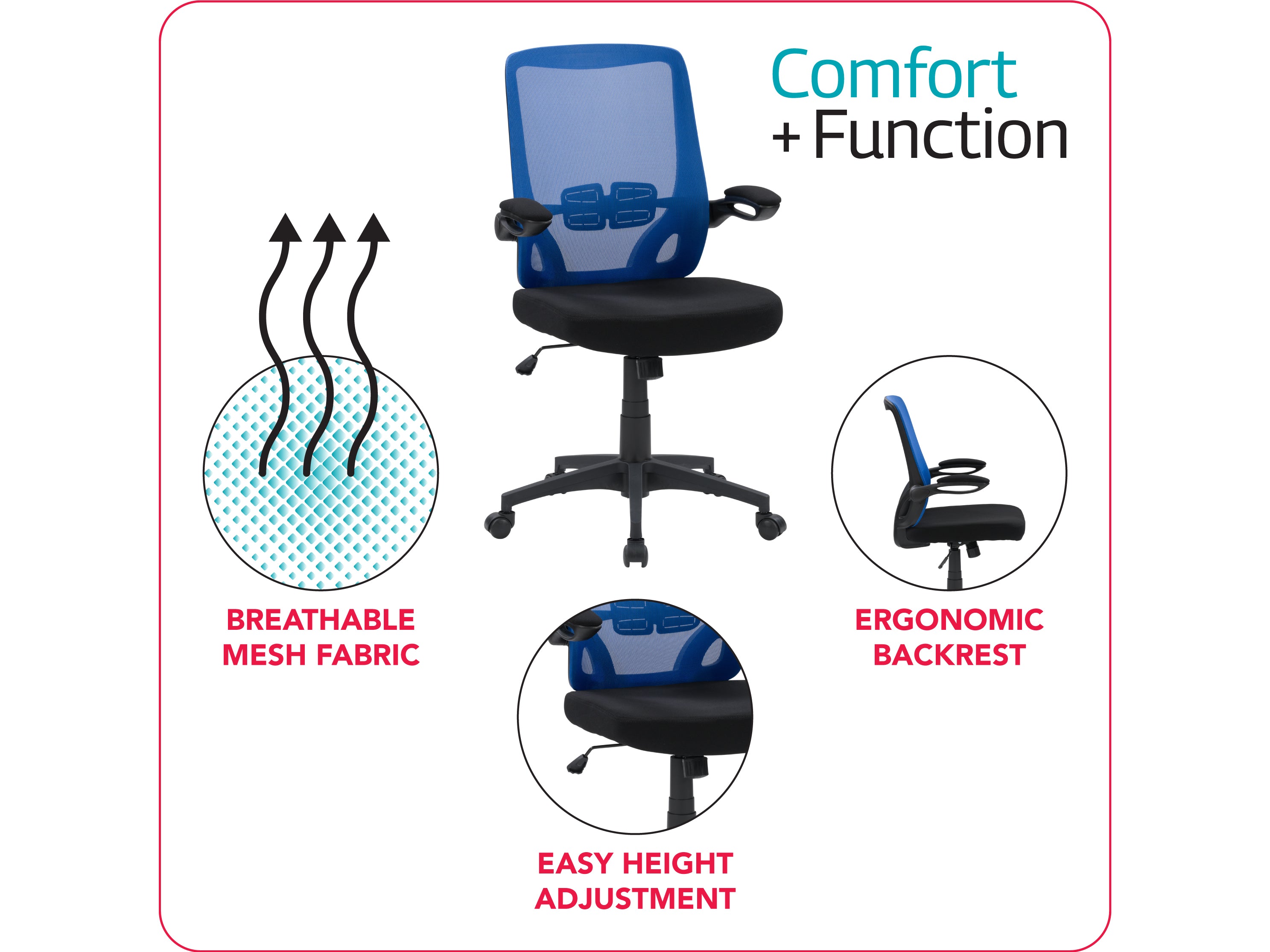 Ergonomic Blue Mesh Office Chair with Lumbar Support - Adjustable Height Swivel Task Chair for Home & Office Workspace - Comfortable Desk Chair for Long Hours Sitting, Gaming & Studying