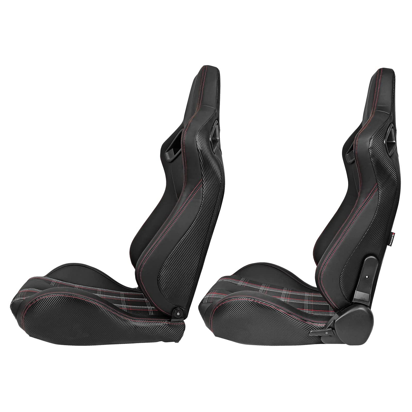 FREEMOTOR802 Universal Racing Seats - Reclinable Sport Seats with Dual Lock Sliders, Adjustable Bucket Seats (Driver & Passenger) - PU Leather + Plaid Fabric + Carbon Fiber - Black & Red Plaid - Perfect for Car Racing, Drifting & Street Performance