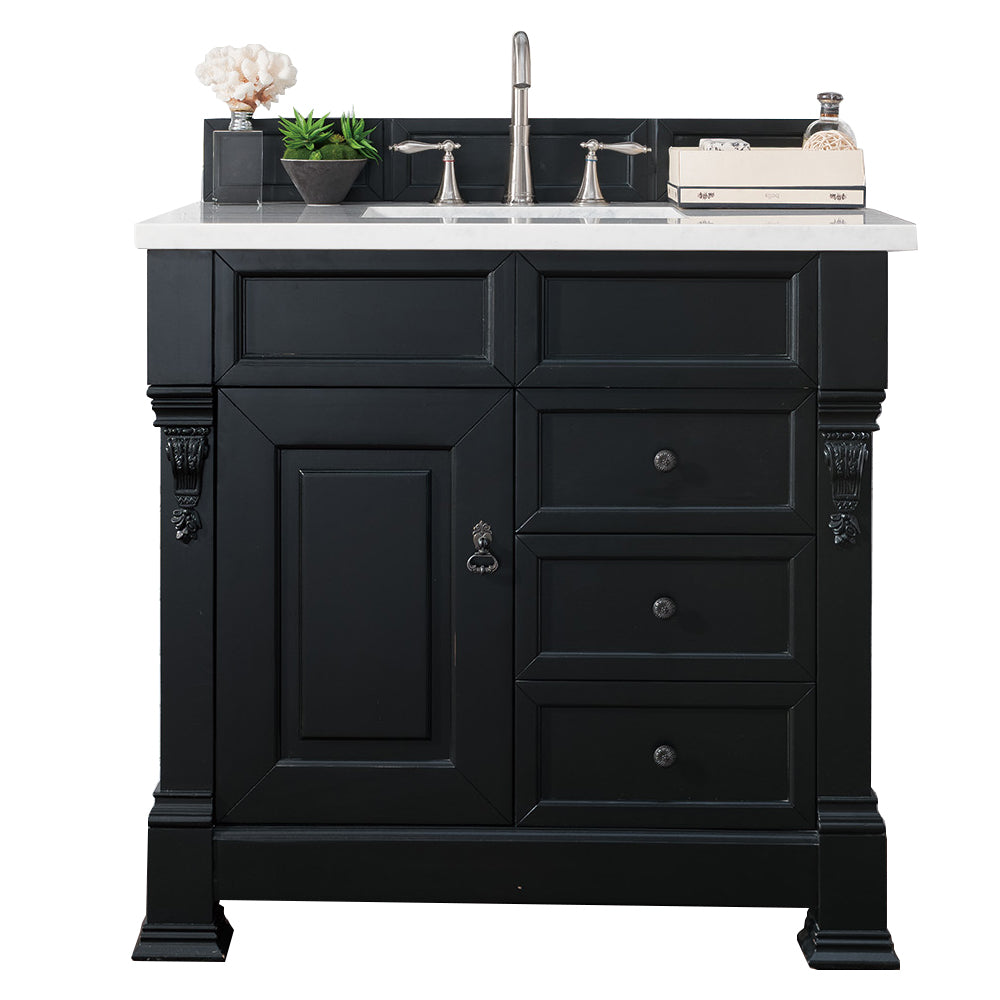 Brookfield 36 Inch Single Bathroom Vanity with Antique Black Finish & 3CM Carrara Marble Top - Perfect for Modern & Traditional Bathroom Designs