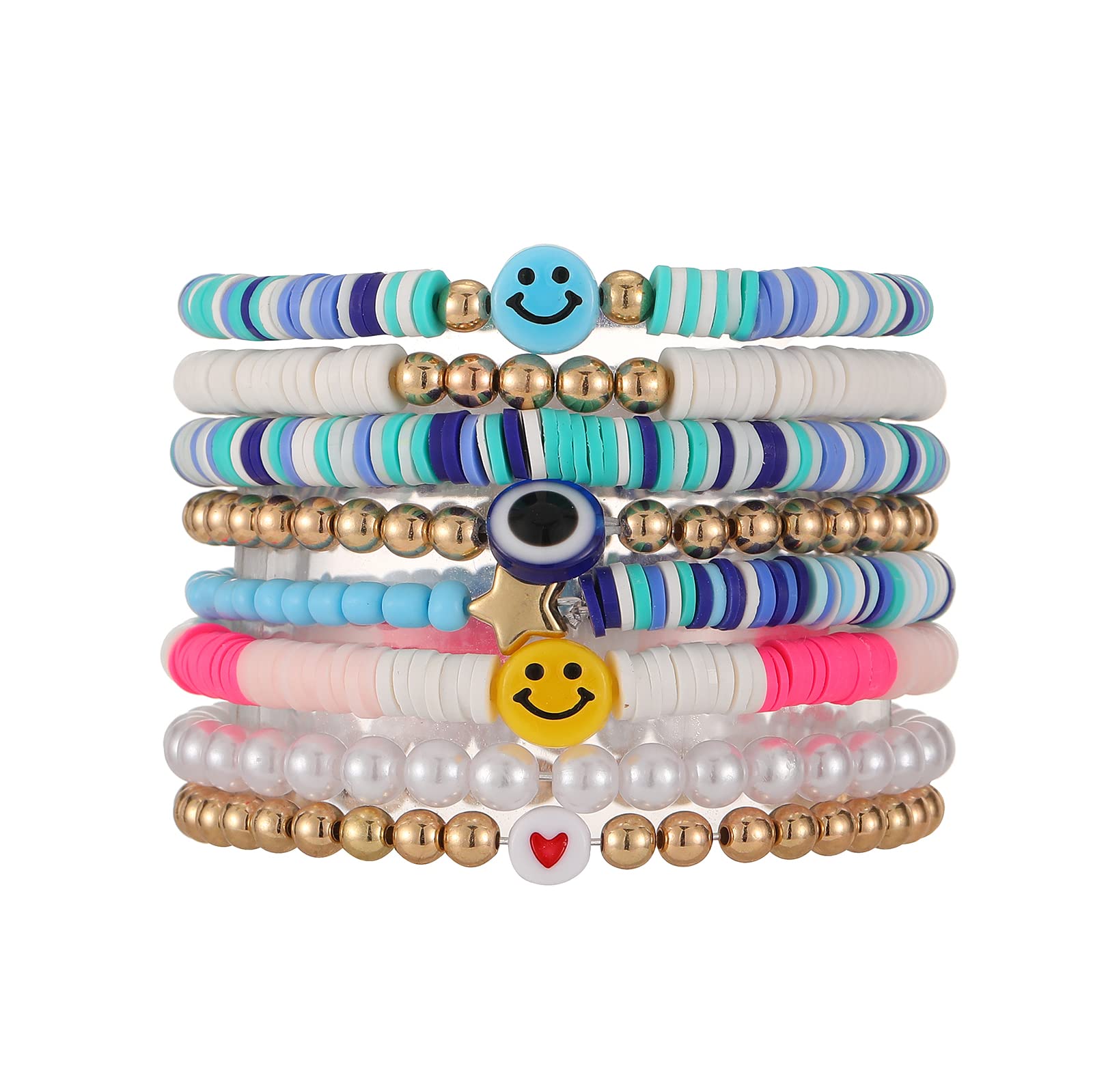 7 Pcs Bohemian Layering Bracelets Set for Women - Colorful Stretch Clay Beaded Bracelets with Happy Smile & Evil Eye Design, Surfer Style Summer Beach Jewelry for Teens Girls | Perfect for Festival, Vacation & Boho Fashion Accessories
