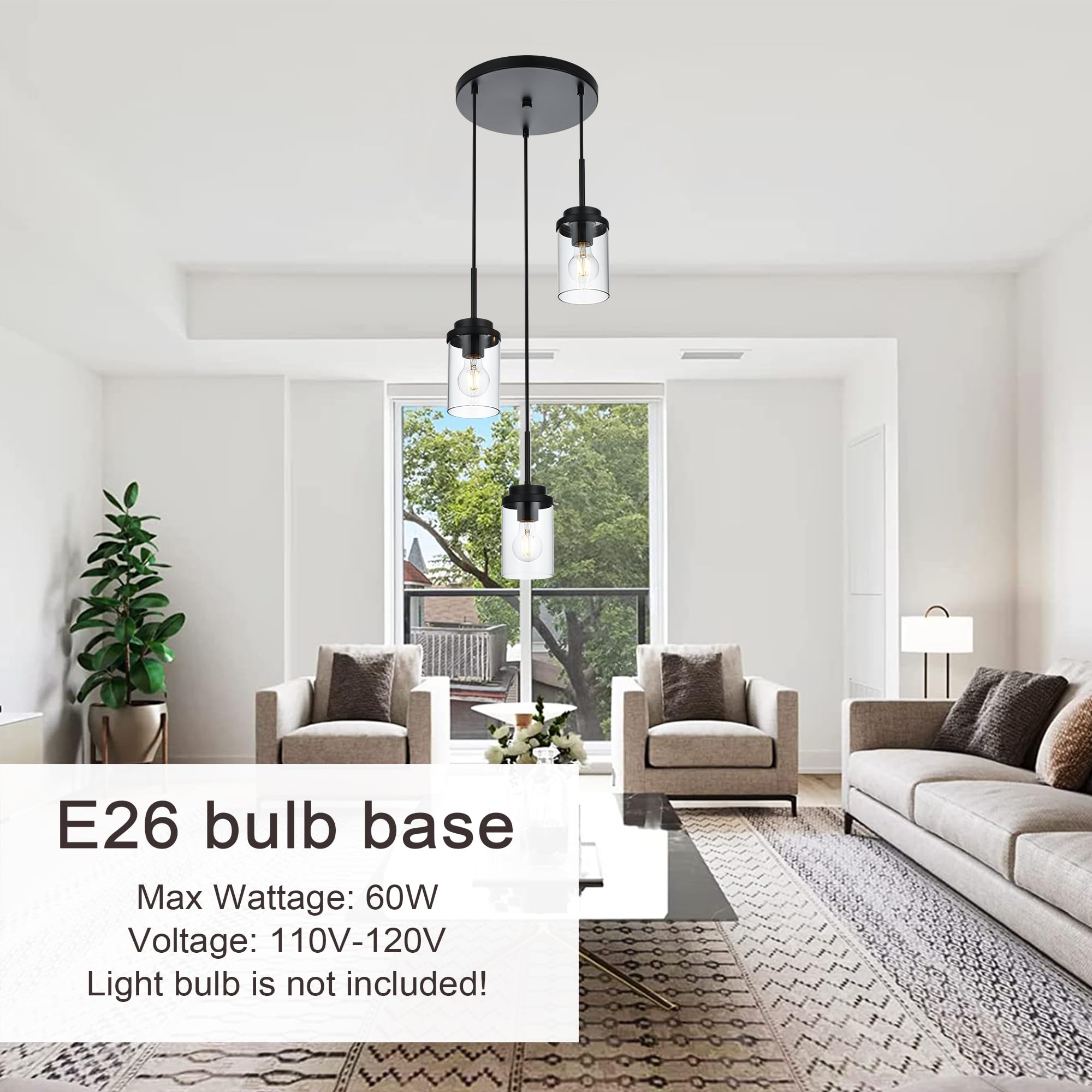 MELUCEE 3-Light Farmhouse Black Pendant Lighting - Modern Ceiling Hanging Fixture with Clear Glass Shades for Kitchen Island, Dining Room, Hallway & Staircase - Perfect for Farmhouse, Industrial & Modern Home Decor
