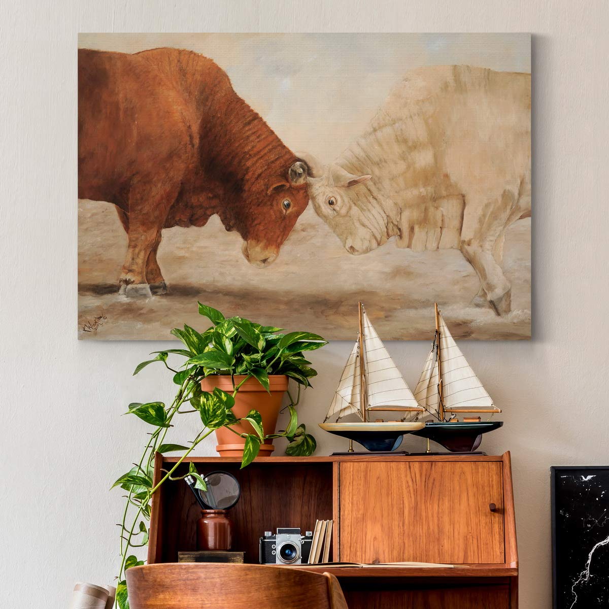 Premium Gallery Wrapped Canvas Wall Art - Two Bulls Fighting in Vibrant Orange, White & Brown - Western Style Home Decor (32x48 Inches) - Ready to Hang Made in USA | Perfect for Living Room, Office or Western-Themed Spaces