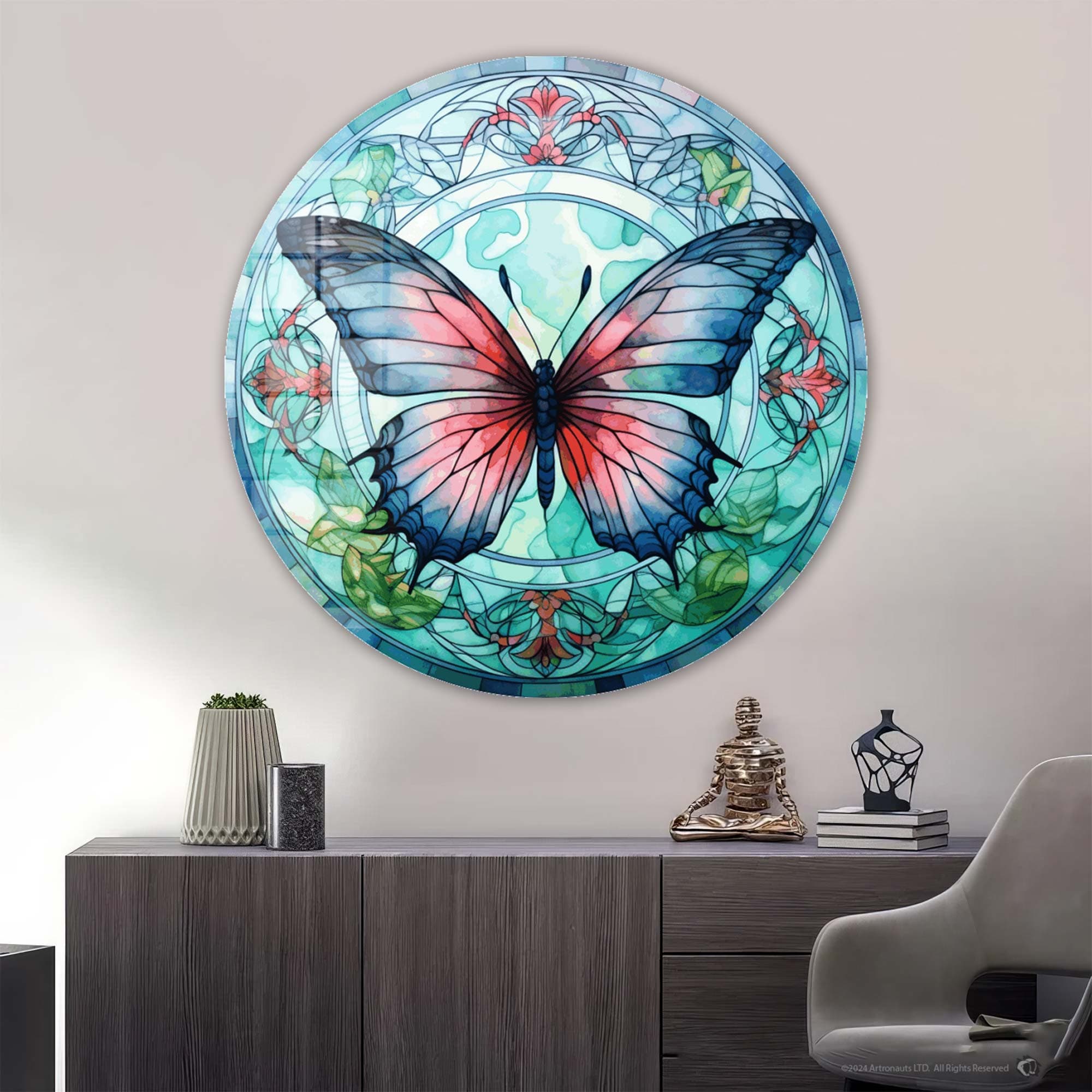 Stained Butterfly II Round Glass Wall Art - Elegant Home Decor for Living Room, Bedroom & Office