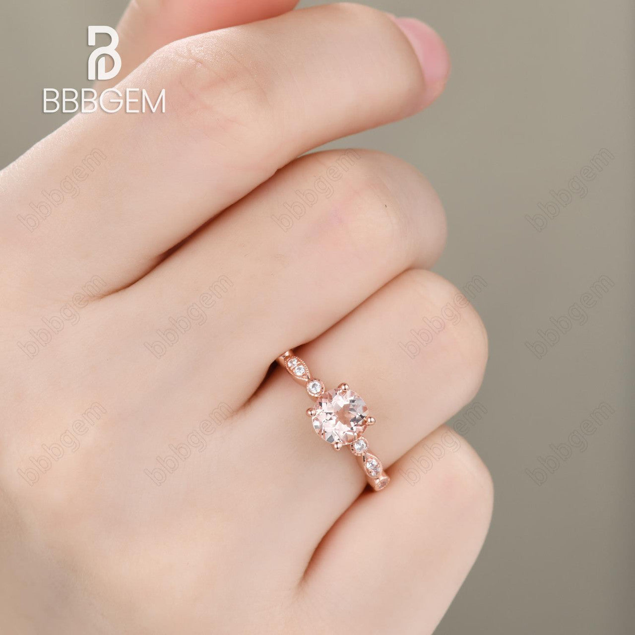 1 Carat Round Natural Morganite Ring - 18K Rose Gold Plated Sterling Silver Bridal Ring with Milgrain Detailing & Moissanite Accents | Engagement, Wedding, Anniversary Gift for Her