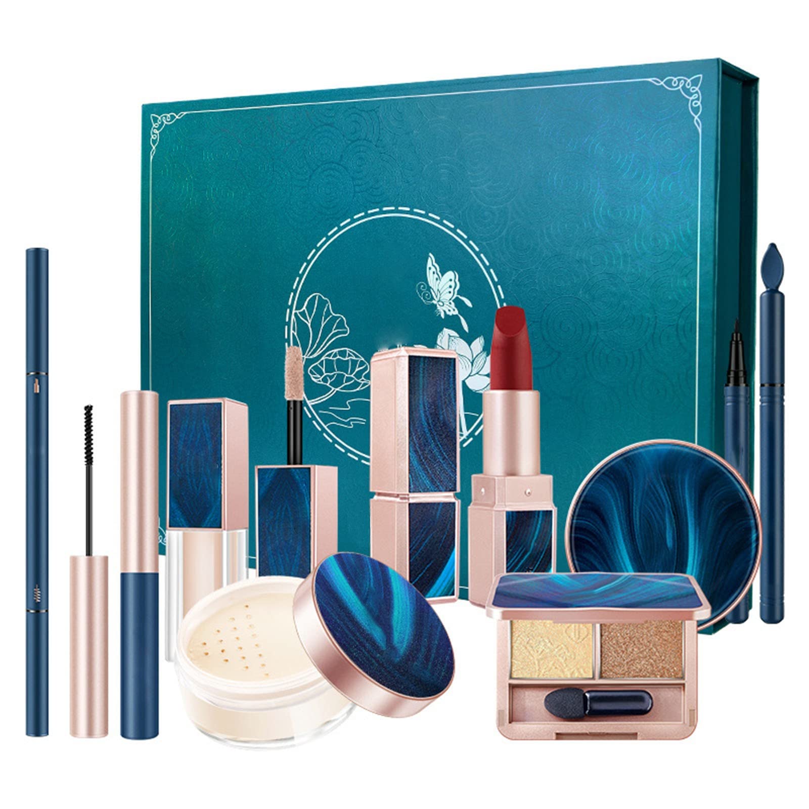8-Piece Makeup Set with Lipstick, Air Cushion, Setting Powder, Eyeshadow, Mascara & Eyeliner - Complete Cosmetics Kit for Daily Use & Ethnic Gifts (Includes 5ml Liquid Lipstick in 24 Shades) - Perfect for Everyday Makeup, Special Occasions & Gift-Giving
