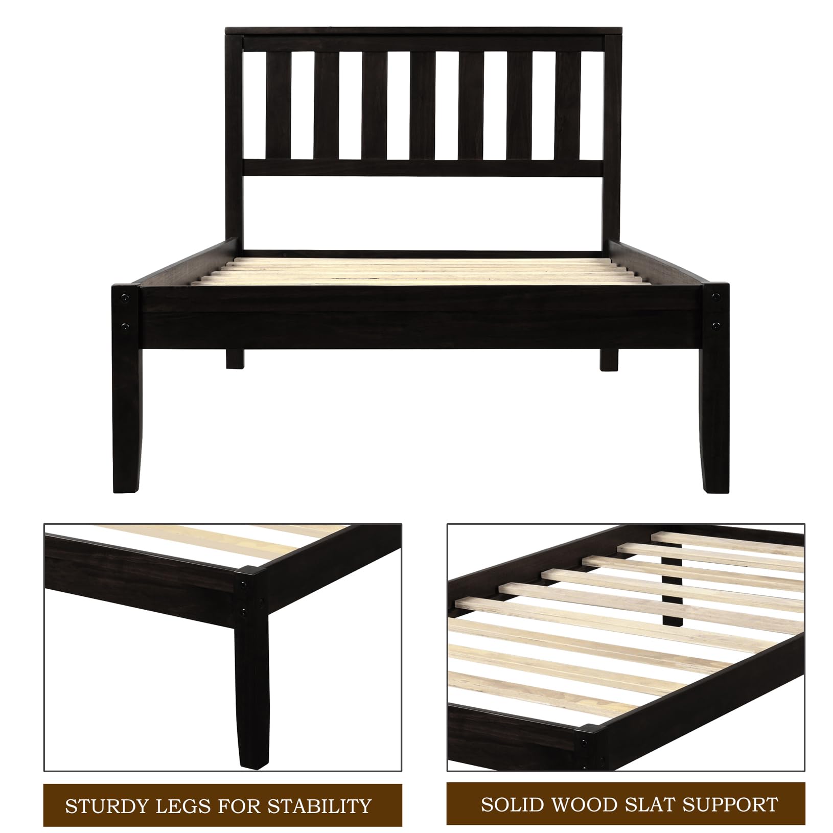 **Twin Size Solid Wood Platform Bed Frame with Headboard - Modern Simple Design, Sturdy Salt Support, Noise-Free for Bedroom - Ideal for Boys, Girls, Adults & Teens - Under Bed Storage - Espresso Finish - Perfect for Small Spaces, Guest Rooms & Kids' Bedrooms**