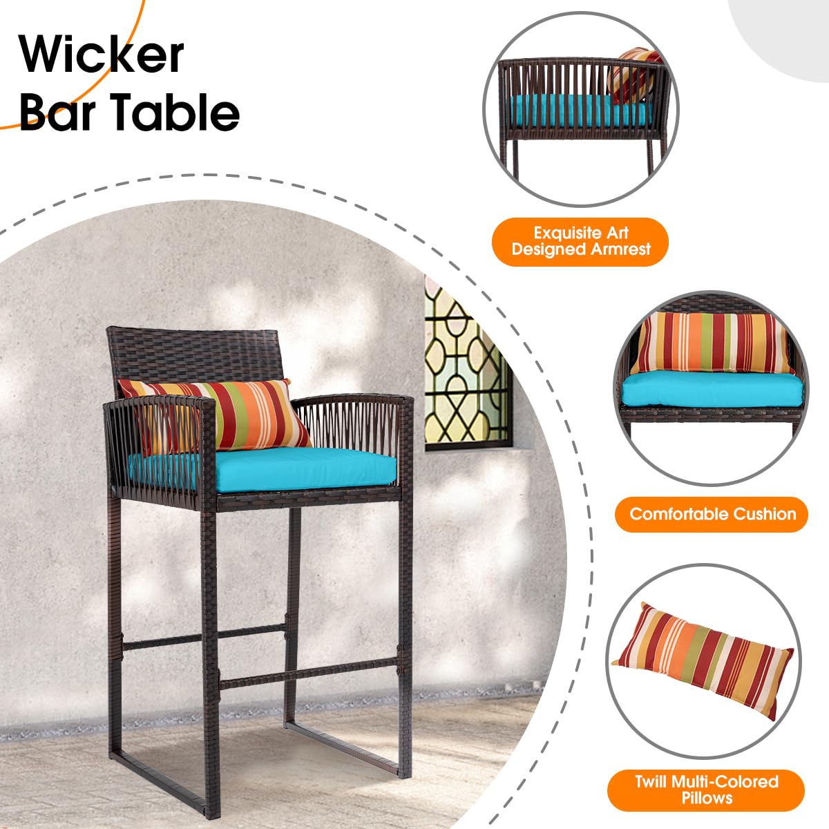 Sundale Outdoor 3-Piece Wicker Bar Set with Ice Bucket, 2 Pub Stools & Glass Holder - Brown Rattan & Blue Cushions - Perfect for Patio, Garden, Poolside & Backyard Entertaining