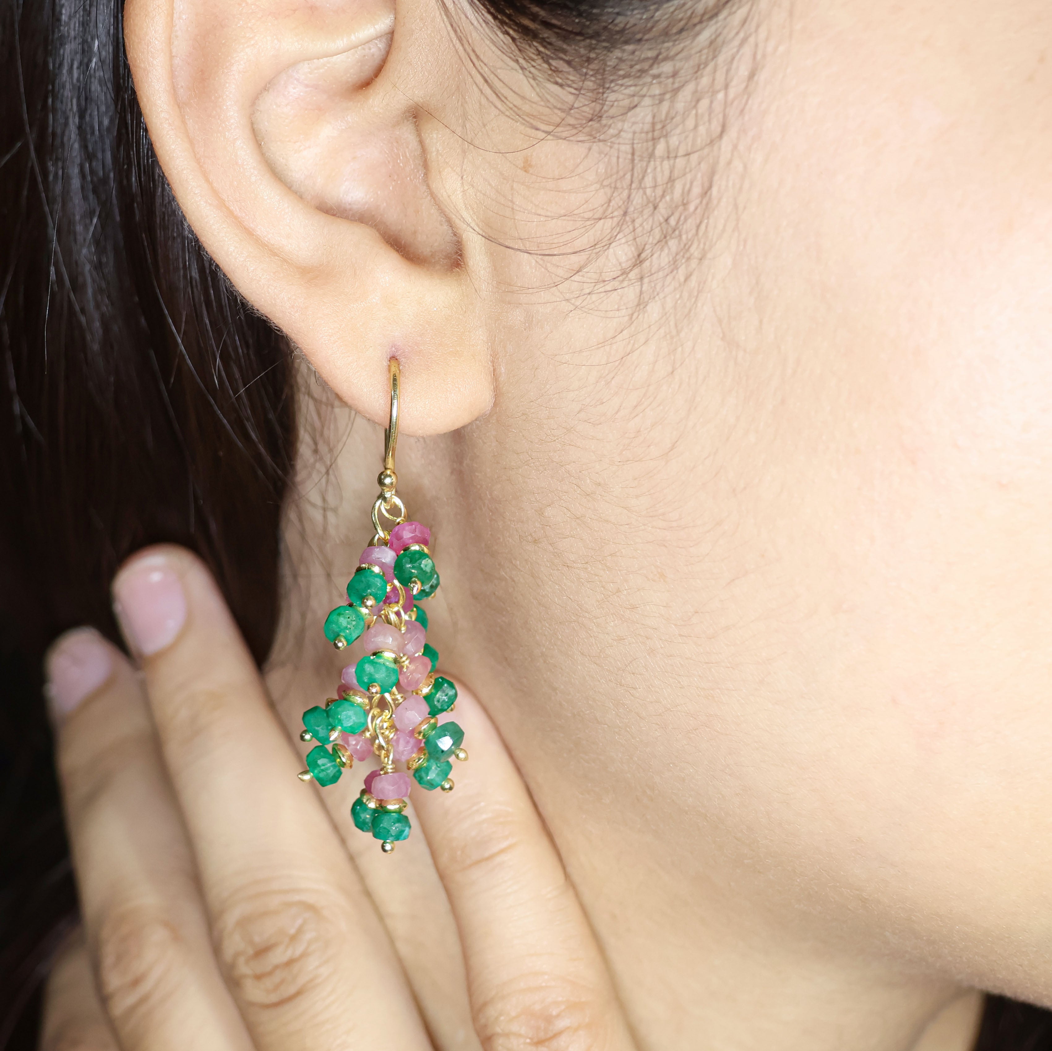Faceted Natural Emerald Ruby French Hook Beaded Cluster Earrings for Women | Elegant Dangle Earrings for Wedding, Party & Special Occasions
