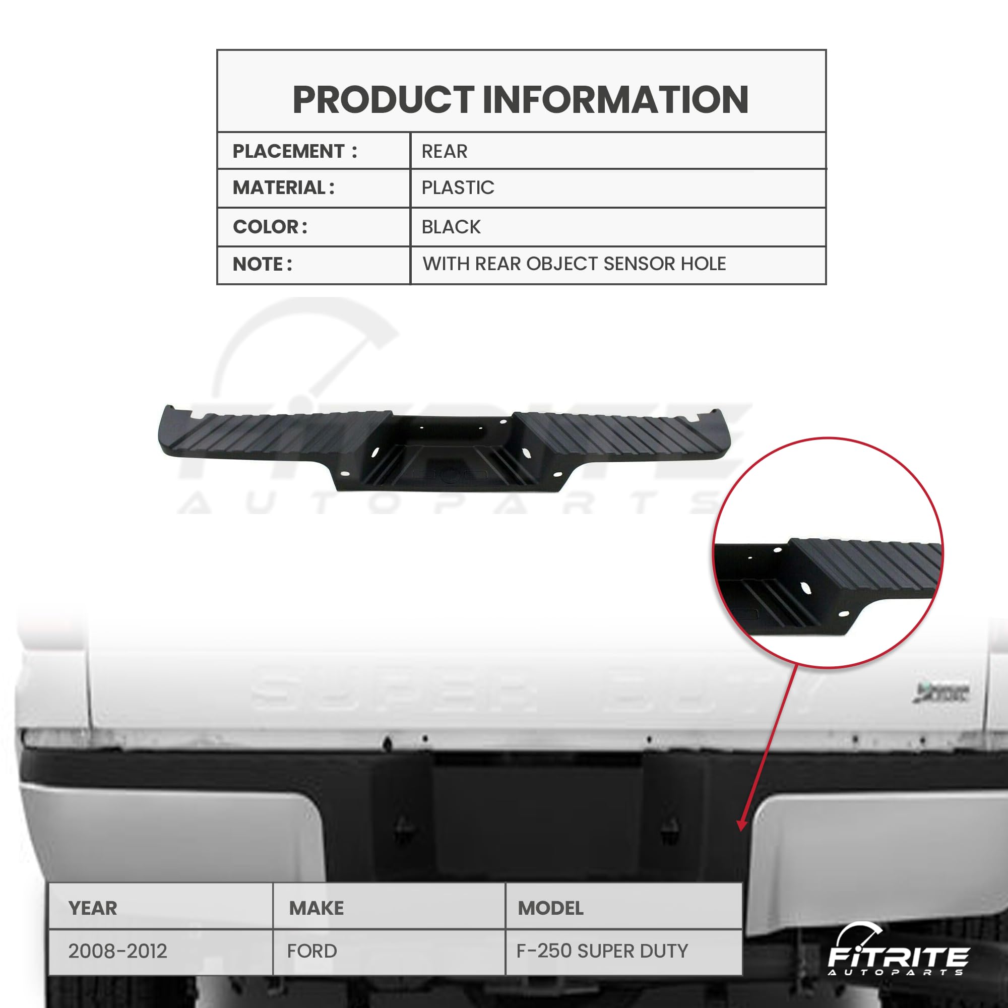 FITRITE AUTO PARTS Replacement Rear Bumper Step Pad for 2008-2012 Ford F-250 F-350 F-450 Super Duty Trucks - Black FO1191132 8C3Z17B807BA with Sensor Hole - Perfect for Off-Roading, Towing & Heavy-Duty Use