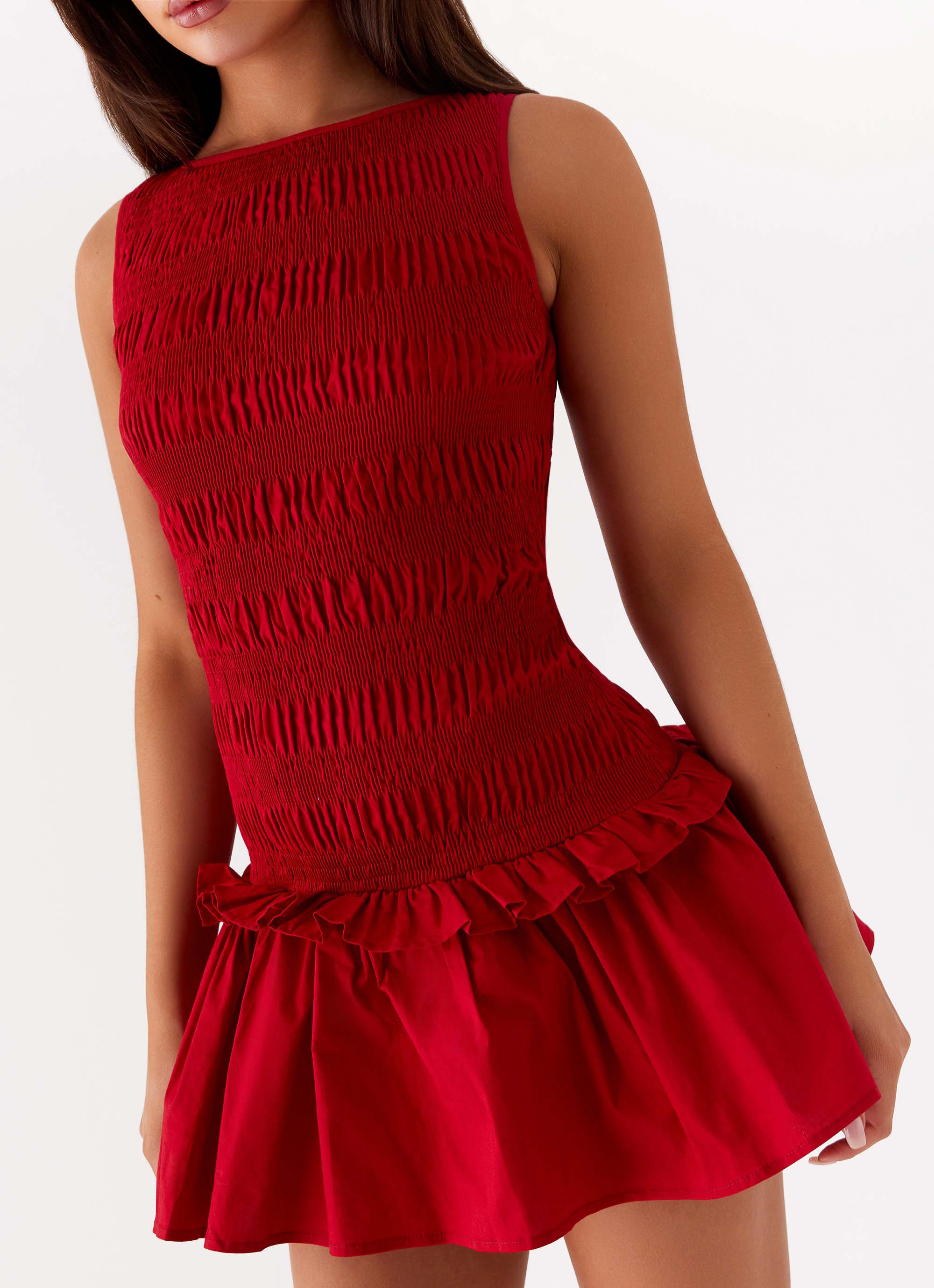 Garden Kisses Shirred Mini Dress in Red - Flowy Summer Dress for Women, Perfect for Beach Vacations, Date Nights & Outdoor Parties