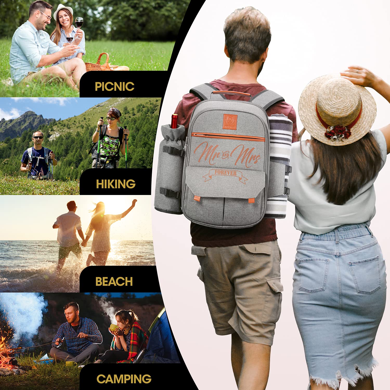 DELUXY Insulated Picnic Backpack for Couples - Wedding Gift Set for Bride & Groom, Honeymoon Essentials, Anniversary Present for Newlyweds | Perfect for Outdoor Dates, Beach Picnics & Romantic Getaways