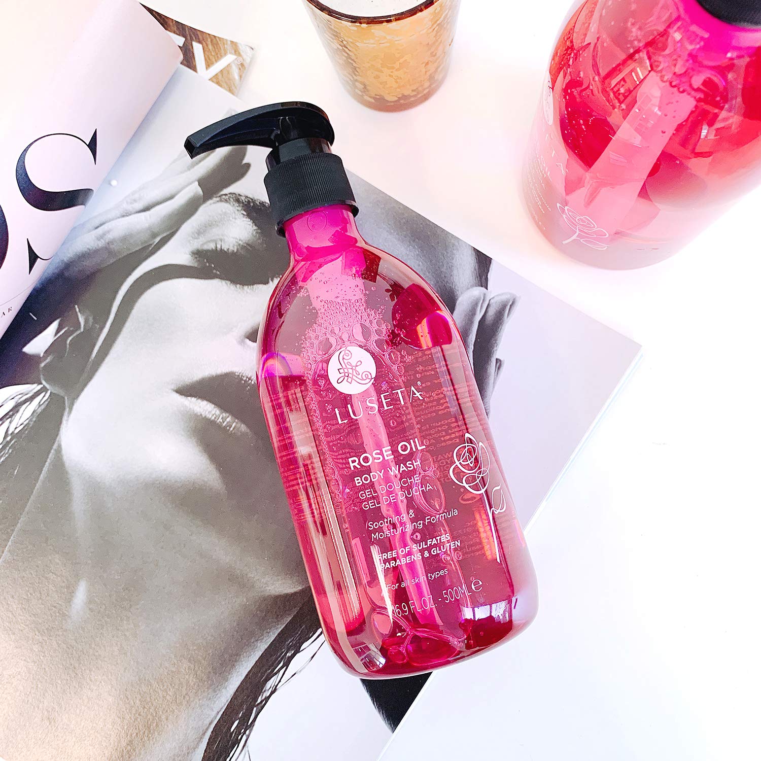 Luseta Rose Oil Body Wash for Dry Skin - 33.8oz Hydrating Shower Gel with Nourishing Essential Oils | Sulfate & Paraben Free | Moisturizing Body Wash for Women & Men | Perfect for Daily Shower Routine & Spa-Like Relaxation at Home