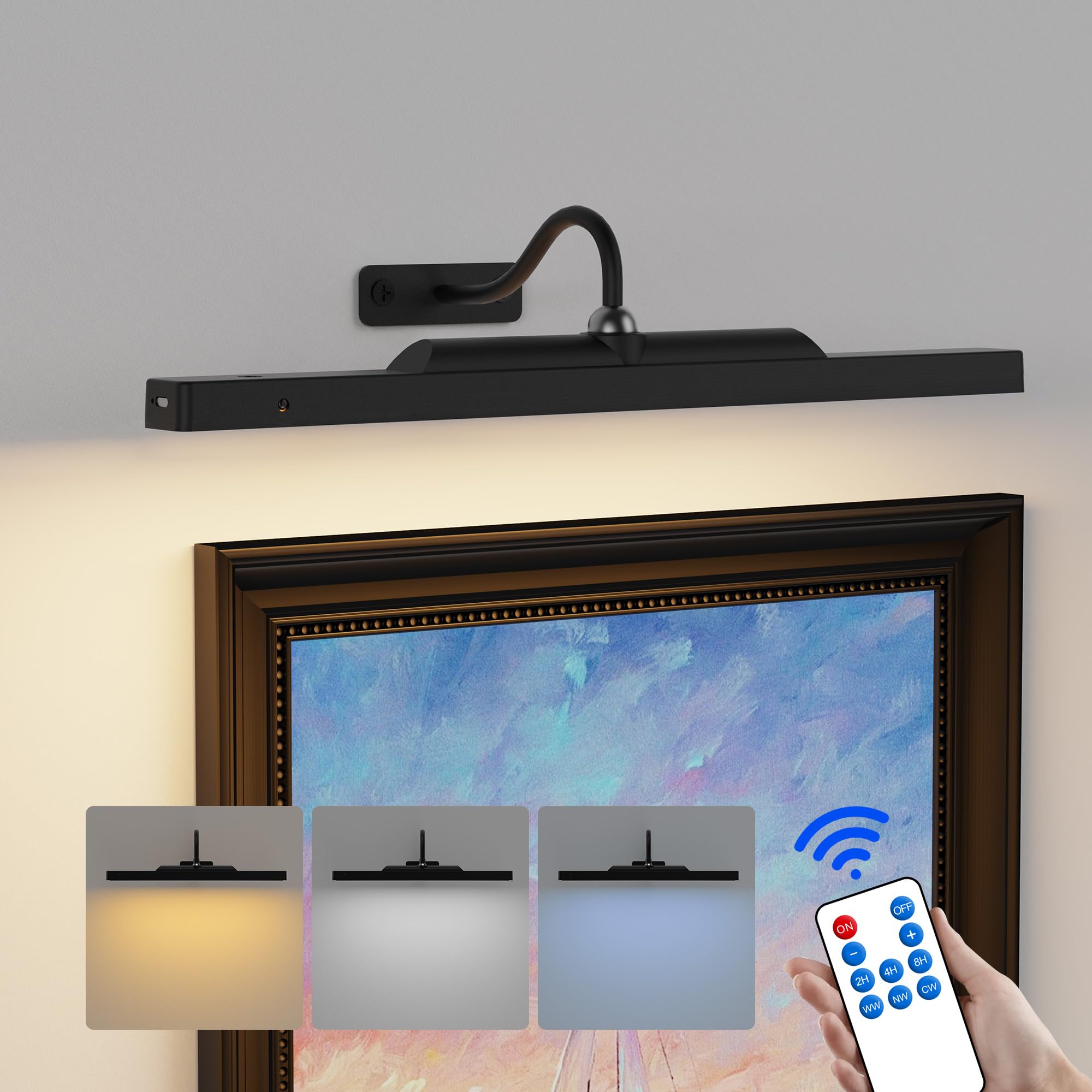 Dimmable Cordless Picture Light with Remote Control & Timer - Rechargeable 5000mAh Battery Wall Sconce for Artwork, Paintings, Photos & Portraits - 16 Inch Adjustable Gallery Lighting - Perfect for Home Decor, Museums & Art Displays (Black)