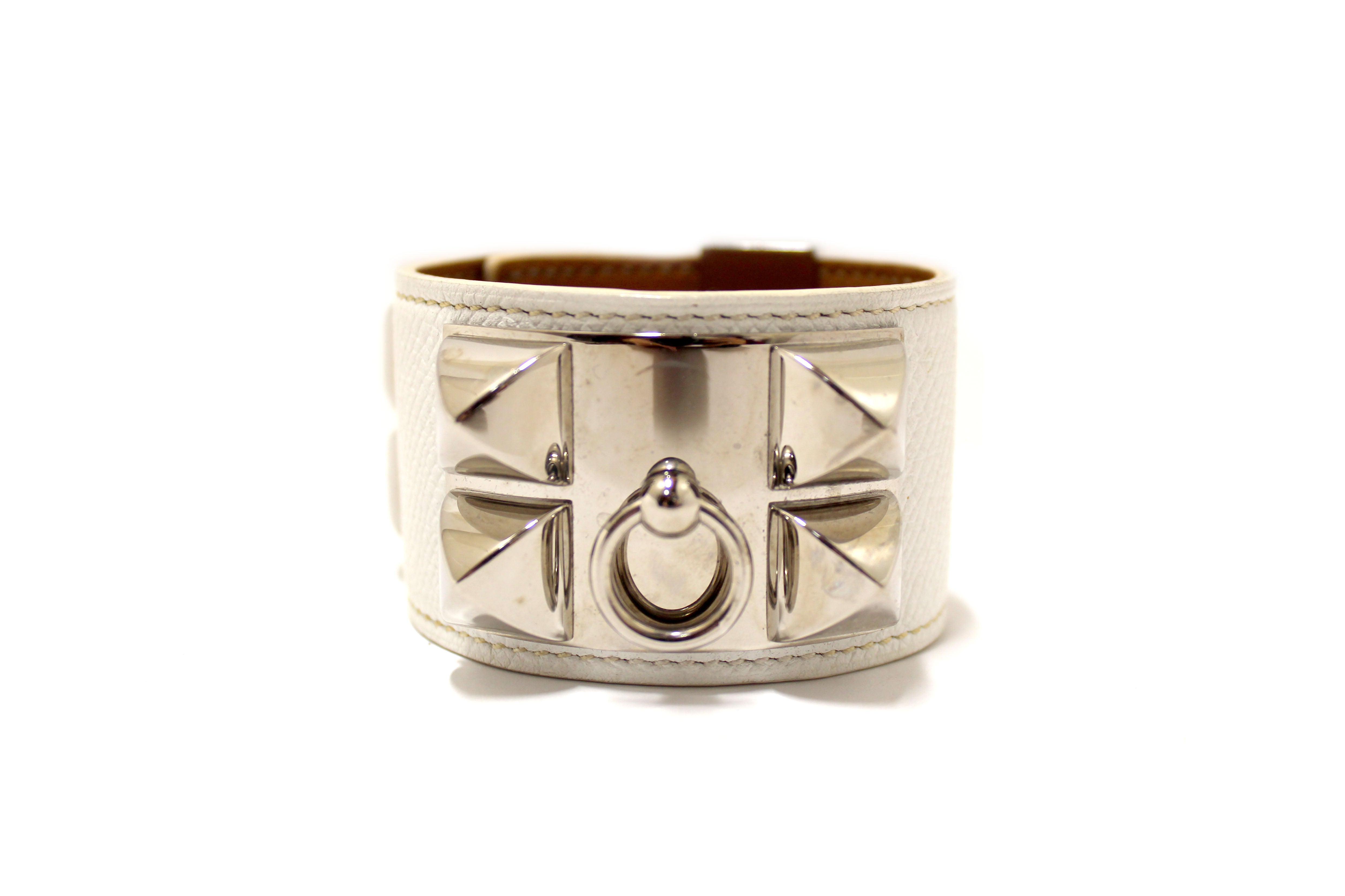 Authentic Hermes White Togo Leather Collier De Chien CDC Bracelet Size S - Luxury Fashion Accessory for Women, Perfect for Parties, Weddings & Special Occasions