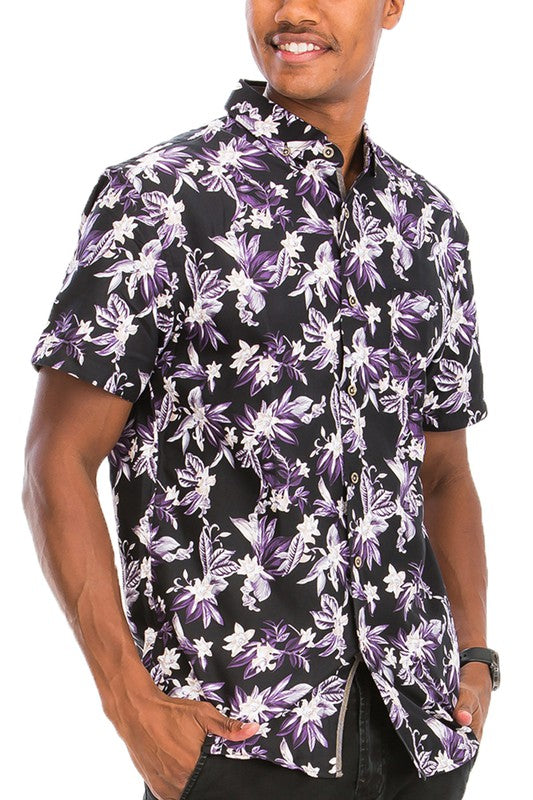 Hawaiian Button Down Shirt for Men - Tropical Floral Print Short Sleeve Casual Shirt - Perfect for Beach Vacation, Summer Party & Hawaiian Theme Events