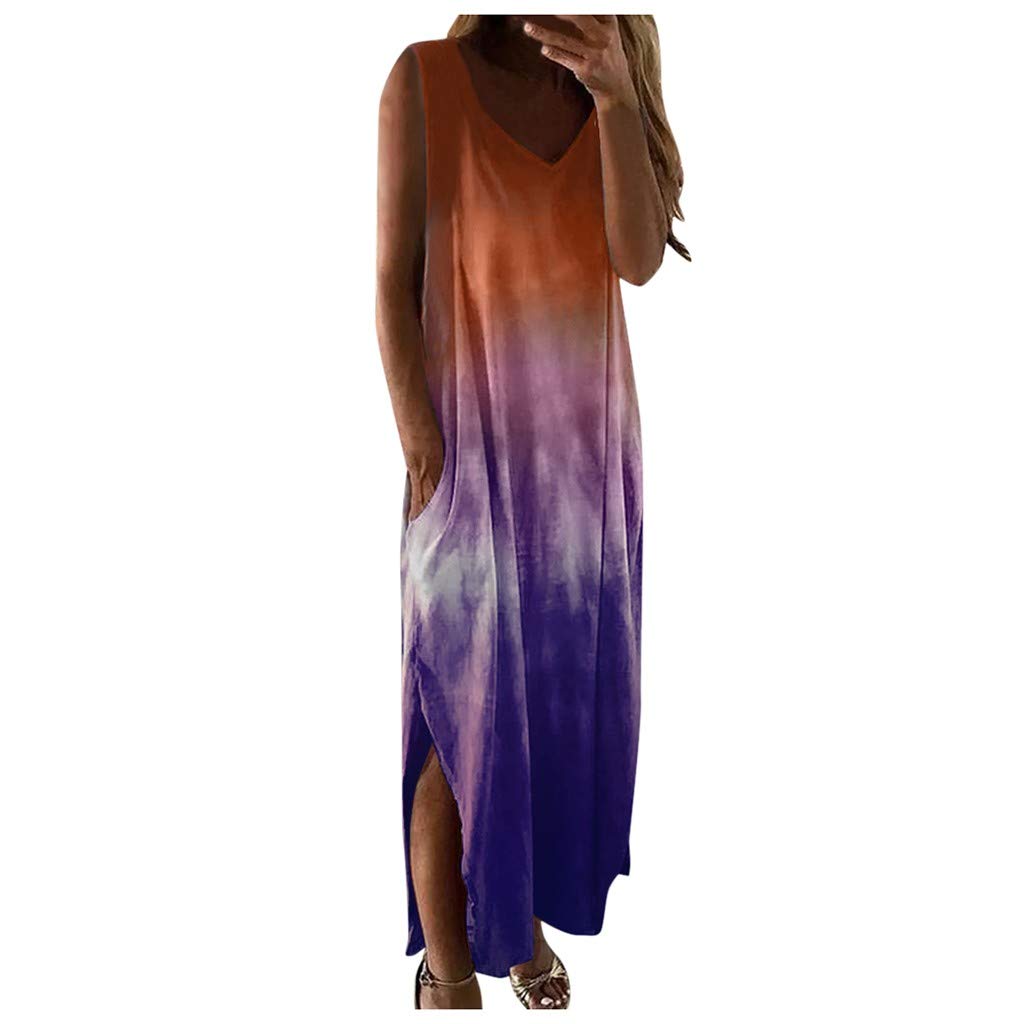 Maxi Dress for Women - V-Neck Casual Summer Dress with Pockets, Tie-Dye Print, Sleeveless Long Dress | Perfect for Beach, Vacation, and Outdoor Events