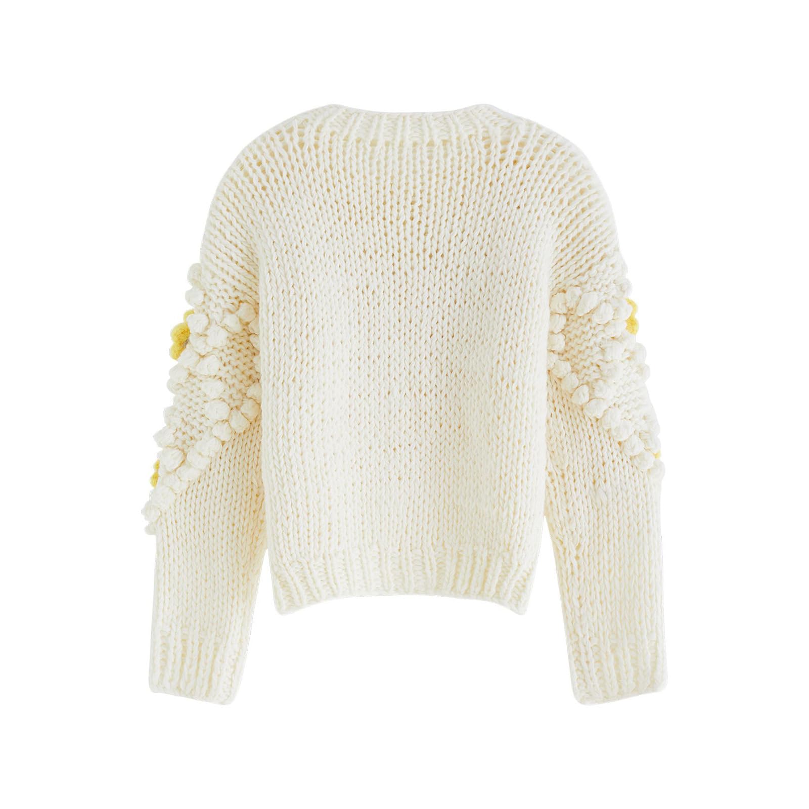 Chicwish Women's Yellow Stitch Floral Pom Pom Knit Cardigan Sweater - Cozy Fall Layering Piece for Casual Outfits & Autumn Photoshoots