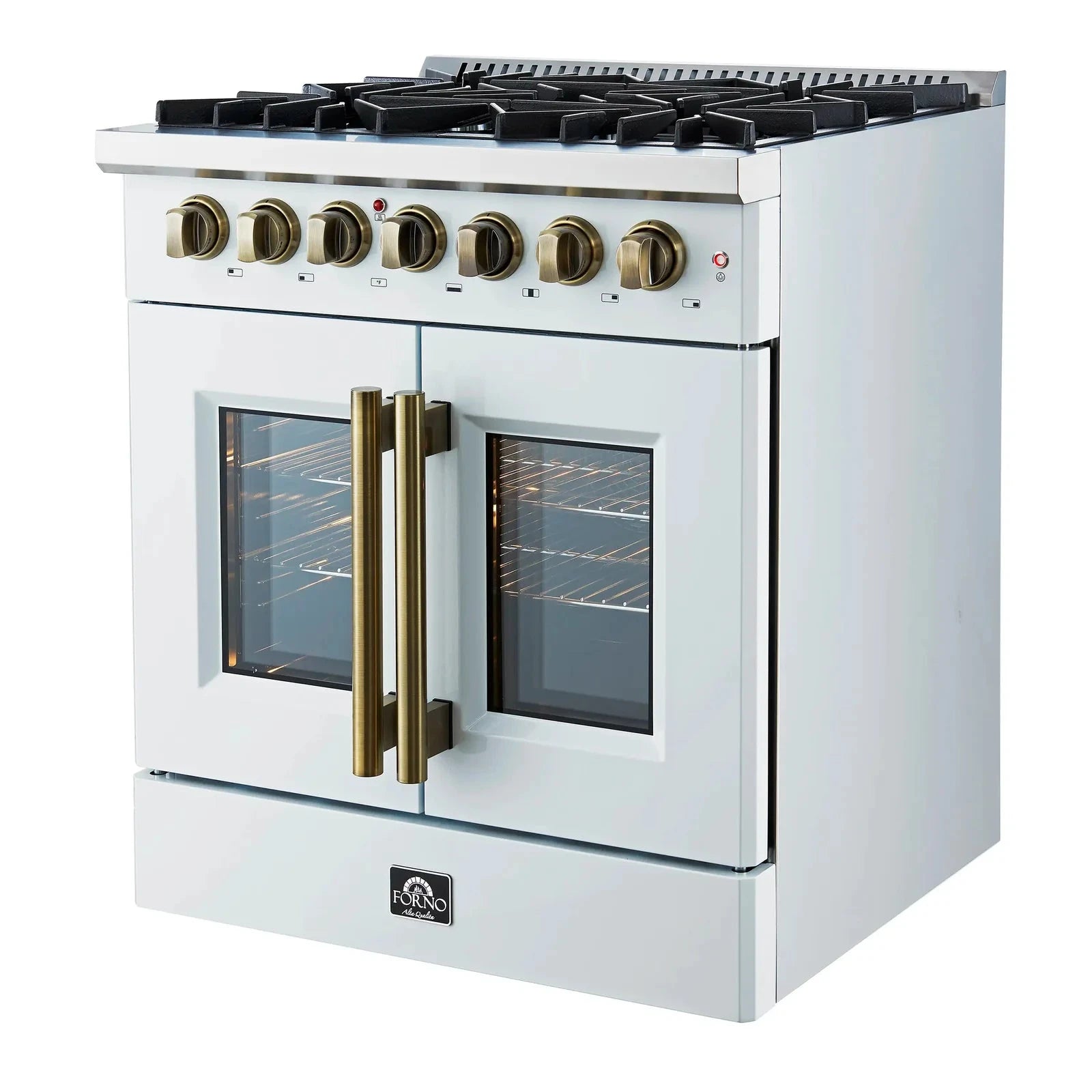 Forno Galiano 30-Inch French Door Dual Fuel Range - 5 Gas Burners & Electric Convection Oven in White with Antique Brass Trim (Model FFSGS6356 30WHT) - Perfect for Gourmet Cooking, Baking, and Entertaining in Modern Kitchens