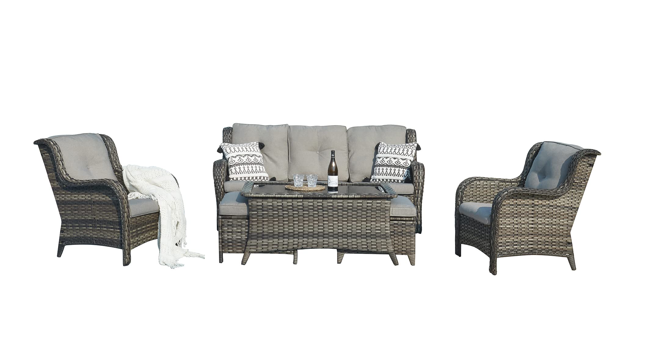 6-Piece Outdoor Patio Wicker Furniture Set - Rattan Sectional Sofa with 3-Seat Couch, 2 Armchairs, 2 Ottomans & Glass Coffee Table - Grey Patio Conversation Set for Backyard, Garden or Poolside Relaxation