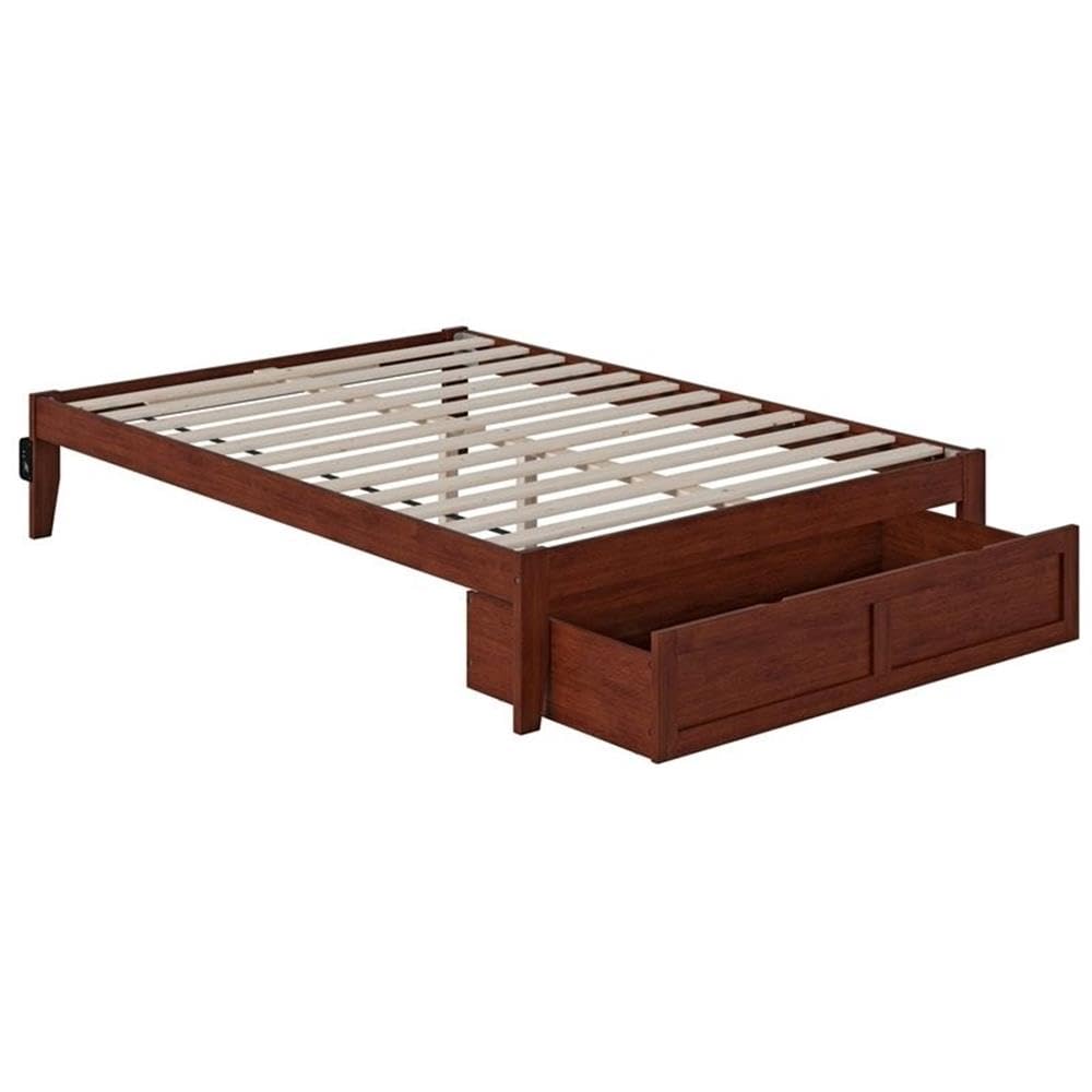 Pemberly Row Modern Walnut Wood Full Bed Frame with Foot Drawer Storage & USB Charging Ports - Perfect for Small Bedrooms, Guest Rooms & Contemporary Home Decor