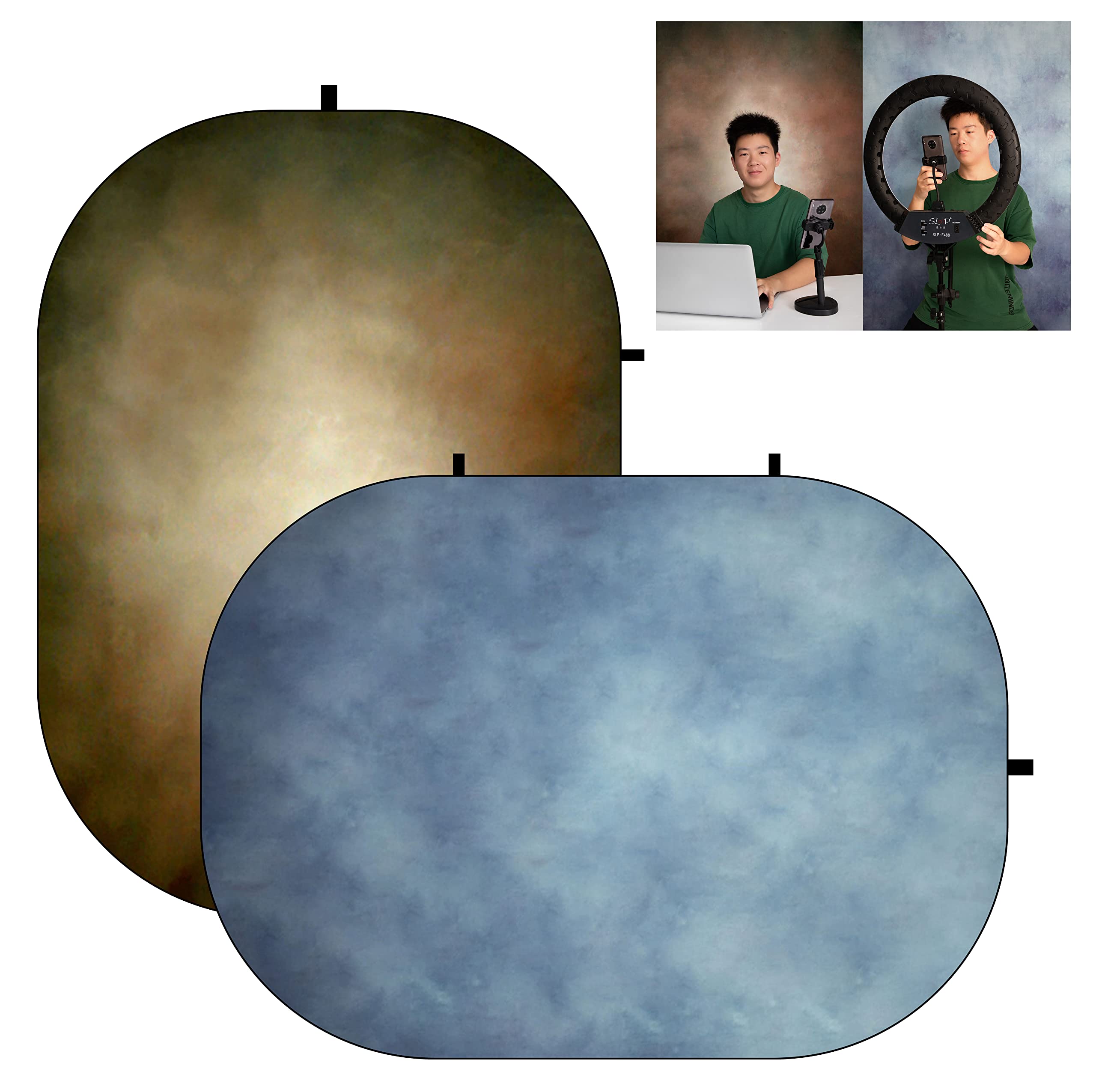 5x6.5ft (1.5x2m) Collapsible Blue Brown Textured Backdrop - Double Sided Folding Photo Background for Video Meetings, Live Streaming, YouTube Videos, and Professional Photography Studio Setup