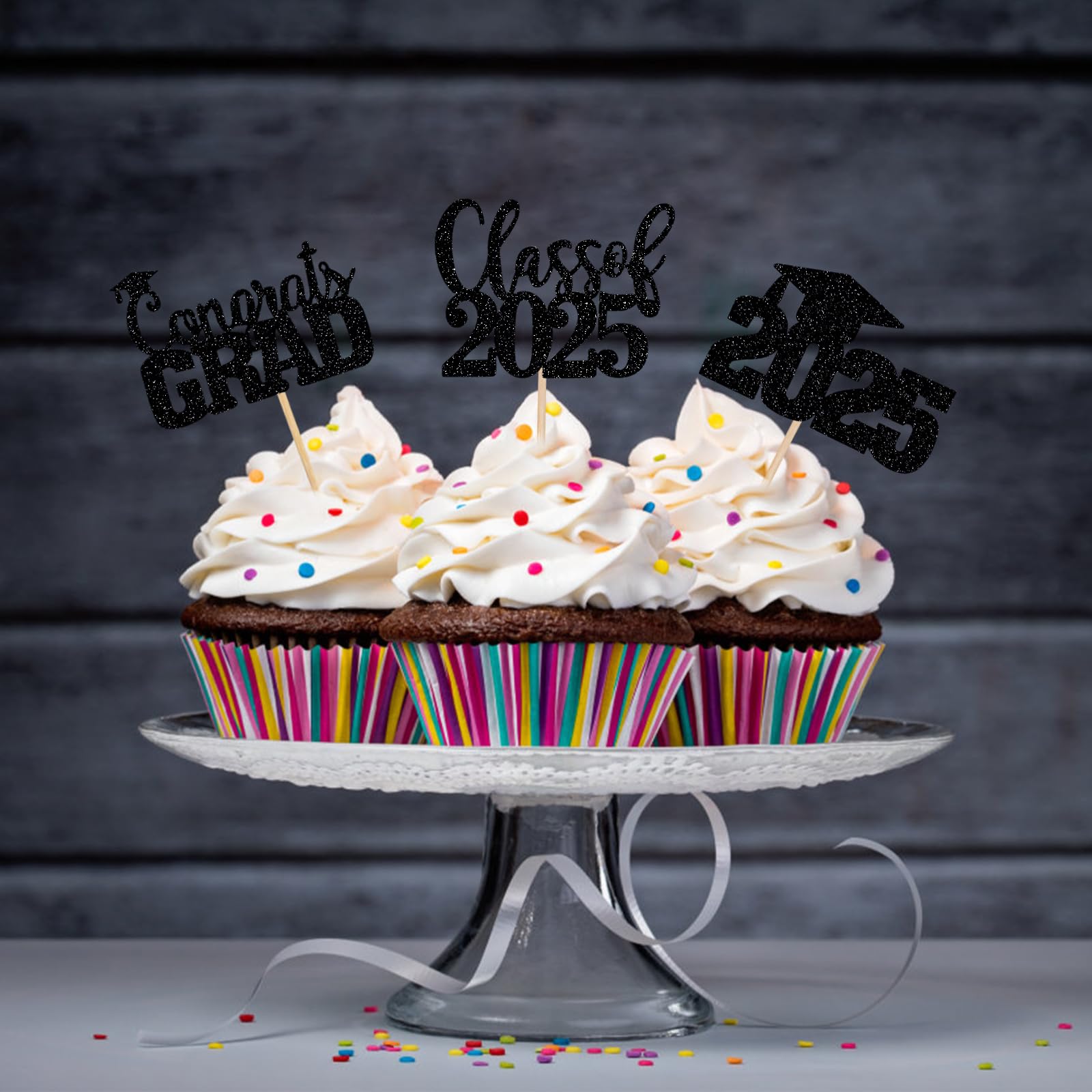 30Pcs Black Glitter Graduation Cupcake Toppers - Class of 2025 Cake Decorations for Graduation Parties, Celebrations & School Events - Perfect for Grad Cakes, Cupcakes & Desserts