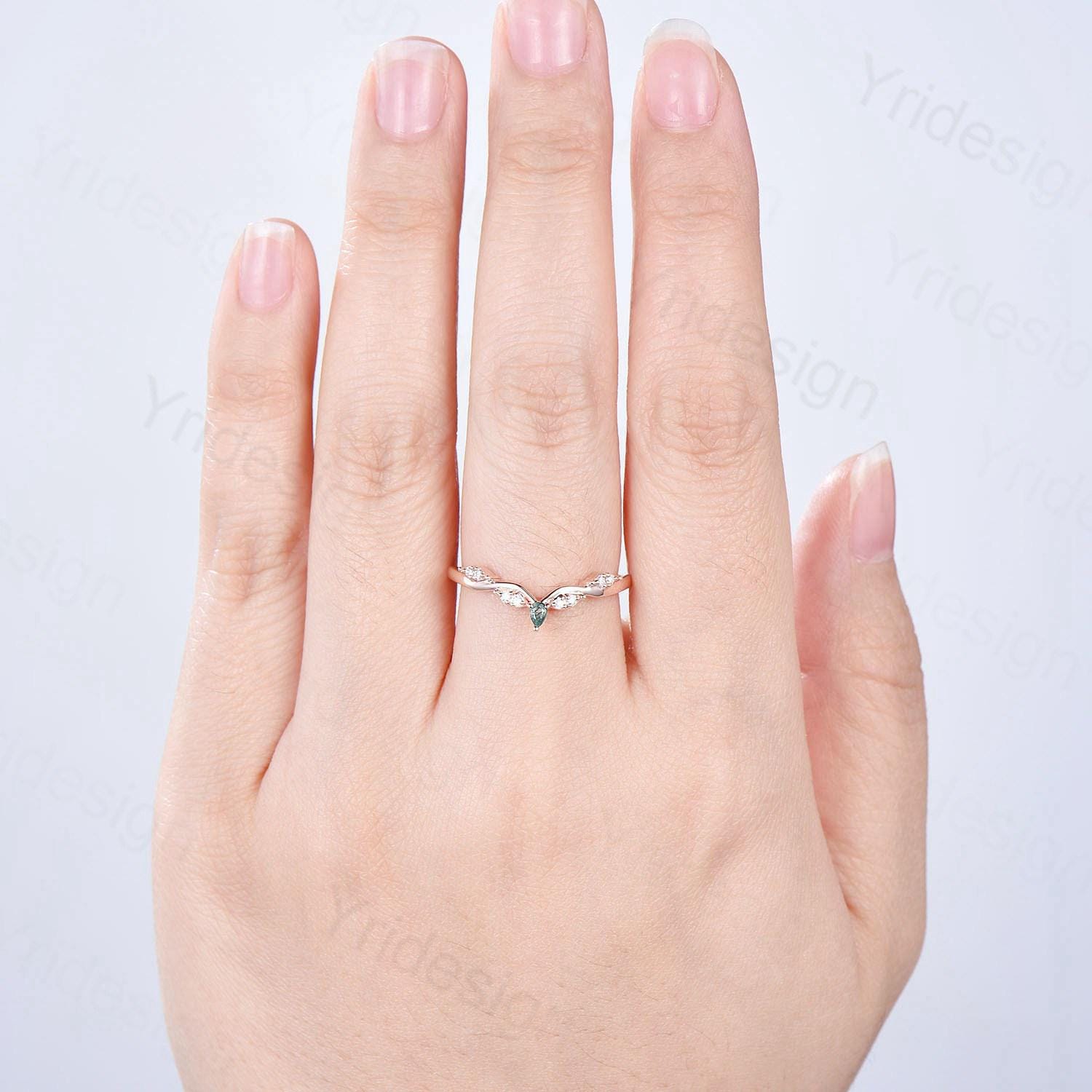 14K Rose Gold Curved Moss Agate Wedding Band with Moissanite Diamonds - Teardrop Green Agate Stacking Ring for Women, Anniversary Gift, Perfect for Bridal Jewelry & Special Occasions