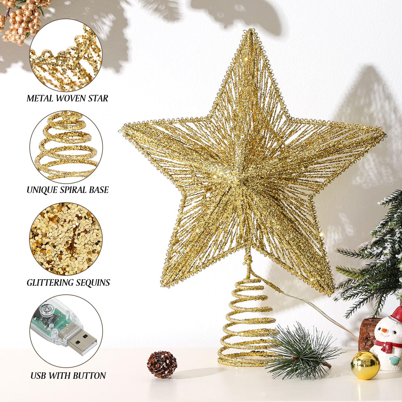 Lewondr USB-Powered Remote Control Christmas Tree Topper with LED Lights and Sequins - Gold Star Decor with 6H Timer for Holiday Trees | Perfect for Home, Office & Party Christmas Decorations
