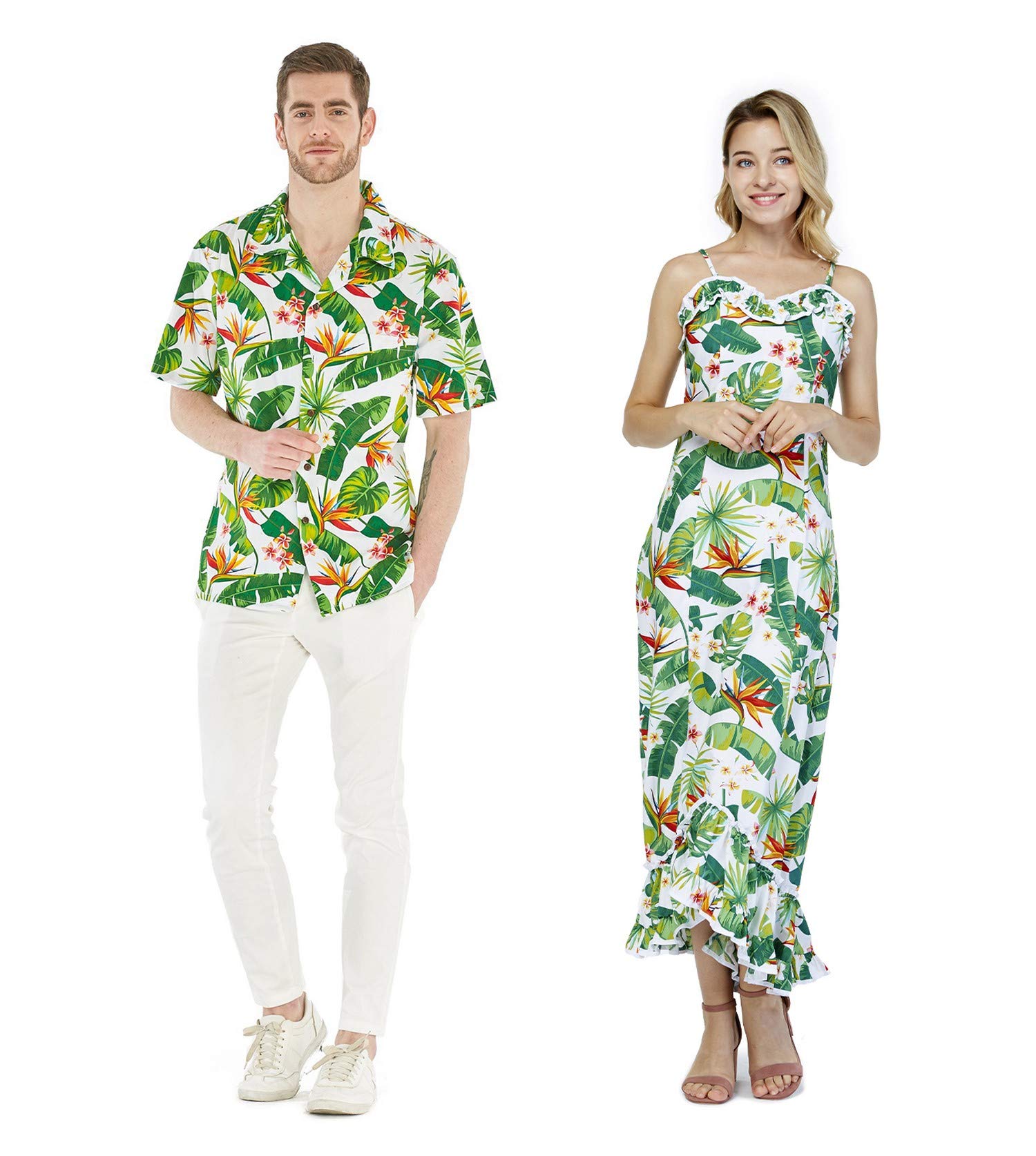 Vintage Hawaiian Luau Cruise Matching Couple Outfit - Tropical Bird of Paradise Print Shirt & Dress Set for Beach Party, Vacation & Cruise Wear
