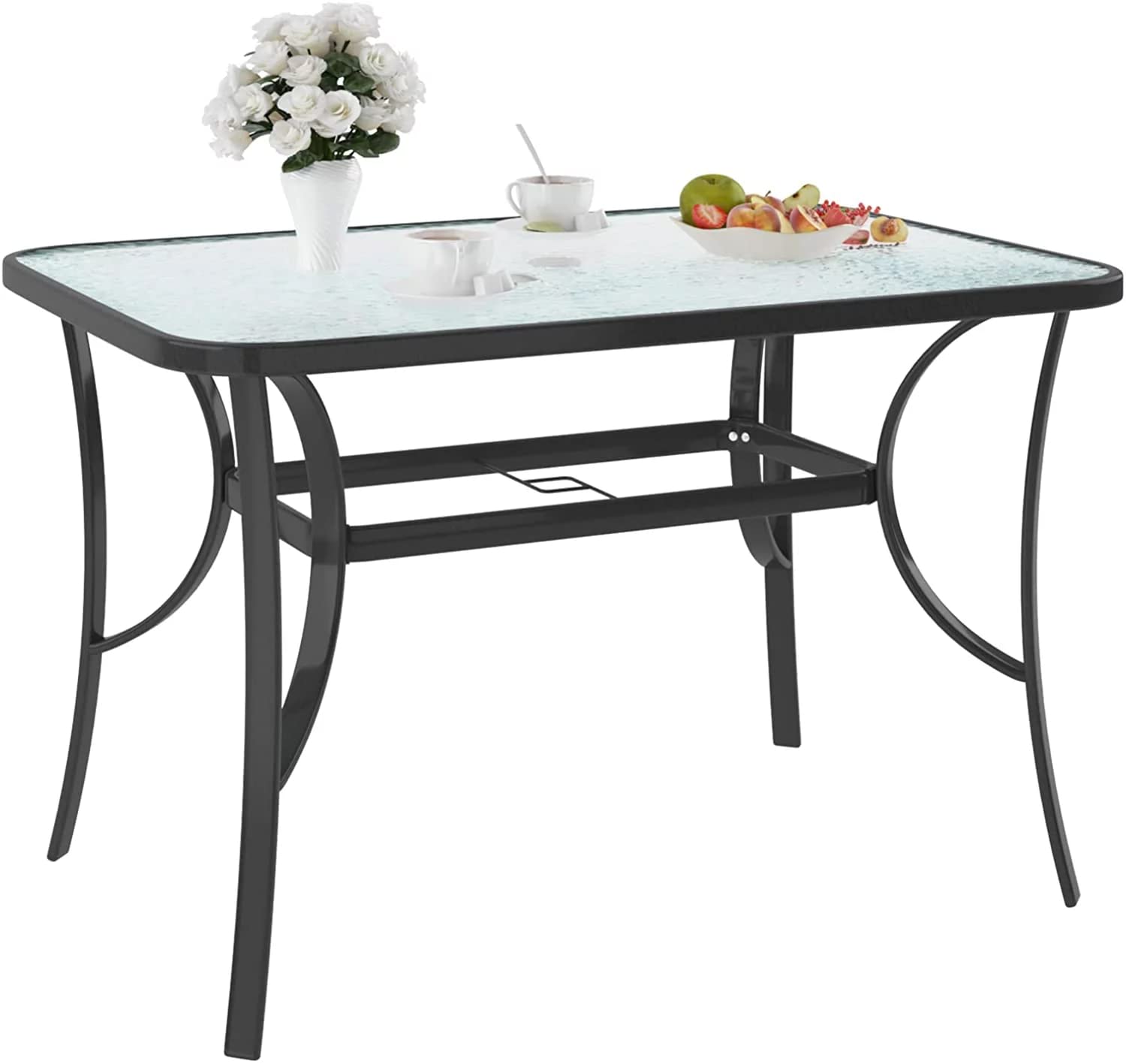 SogesPower 47 Inch Outdoor Tempered Glass Patio Dining Table with Umbrella Hole - Weatherproof Steel Frame, Black - Perfect for Backyard, Garden, Poolside & Outdoor Entertaining