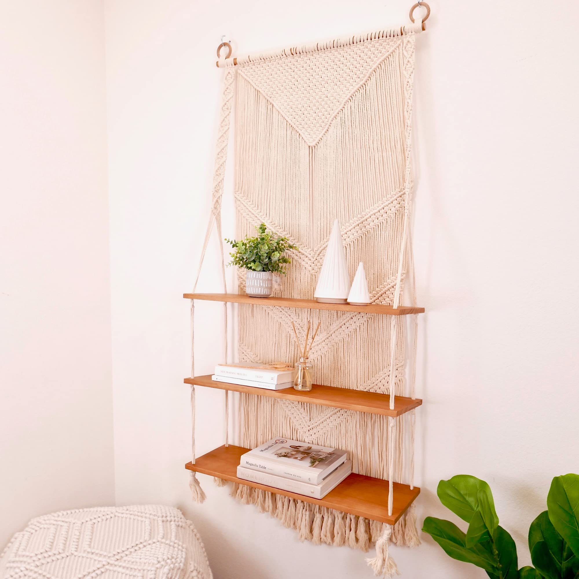 31Mod 3-Tier Macrame Wall Hanging Shelf - Handmade Solid Wood Floating Shelves for Plants & Home Decor | Perfect for Kitchen, Bathroom & Living Room Storage (Large Size)
