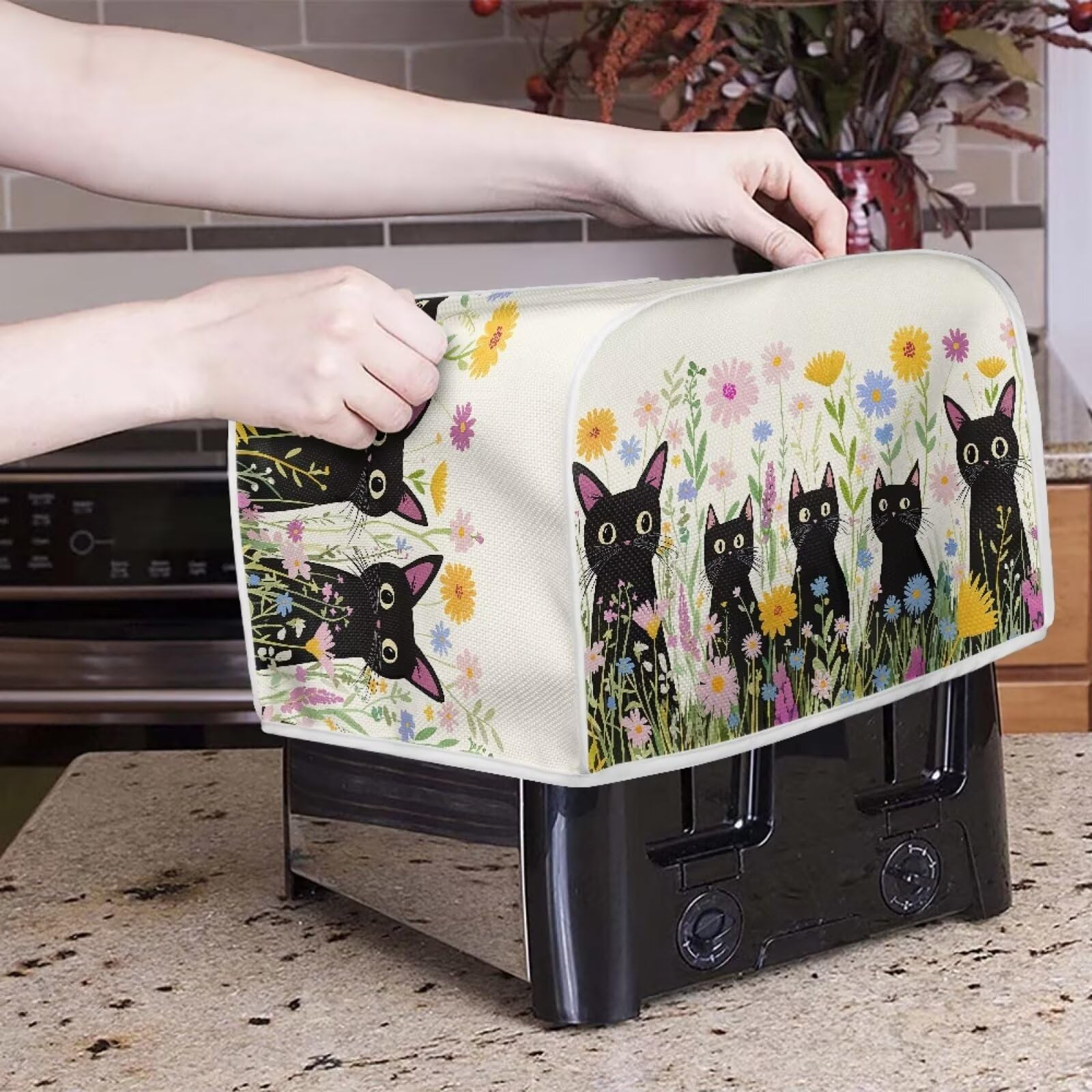 Black Cat Printed Toaster Cover - Dustproof & Fingerprint Resistant Kitchen Appliance Protector, Floral Design Microwave & Toaster Oven Cover - Cute Kitchen Decor Accessory for Home Baking & Coffee Station