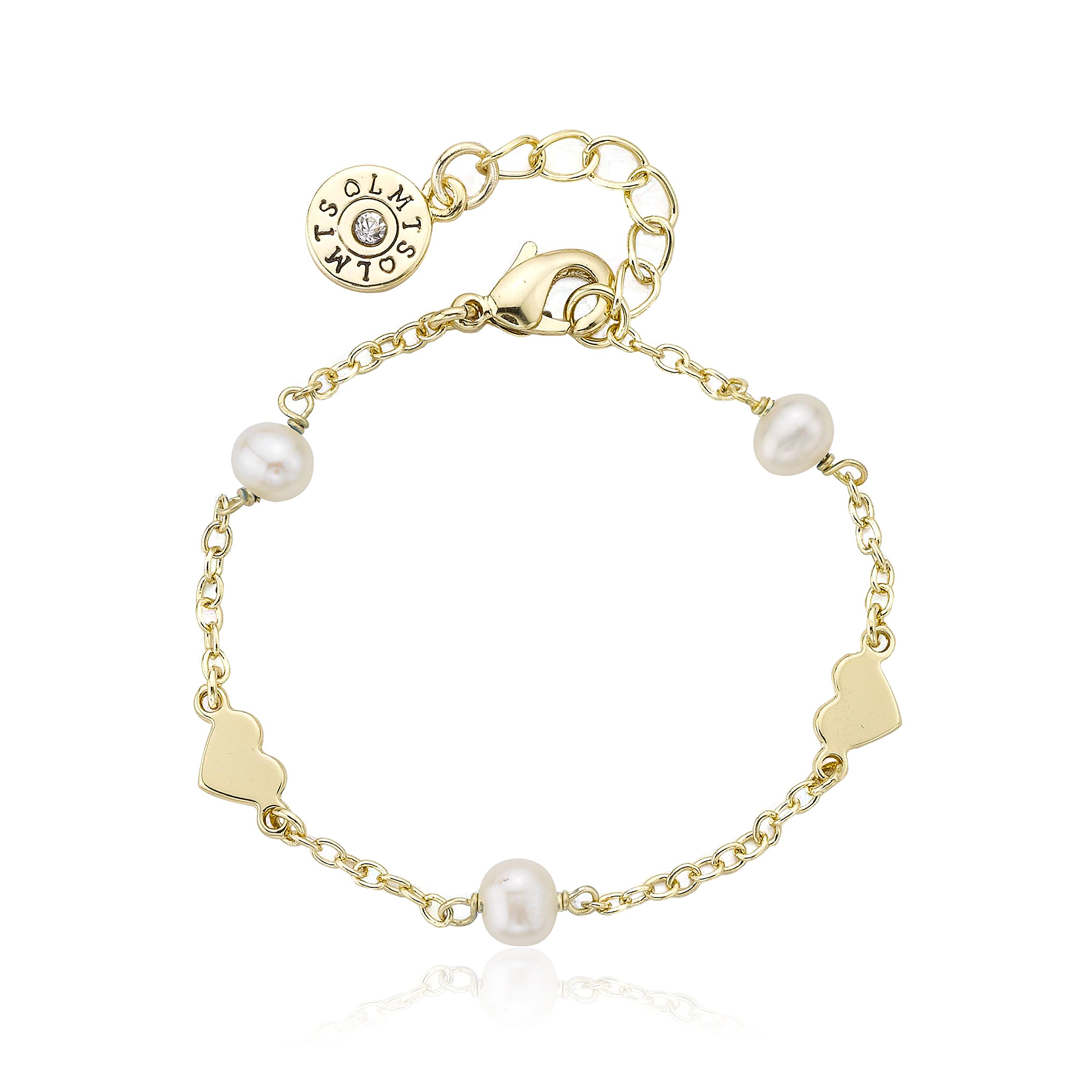 14k Gold-Plated Freshwater Pearl & Heart Charm Bracelet for Women - Elegant Jewelry Gift for Valentine's Day, Anniversary or Special Occasion