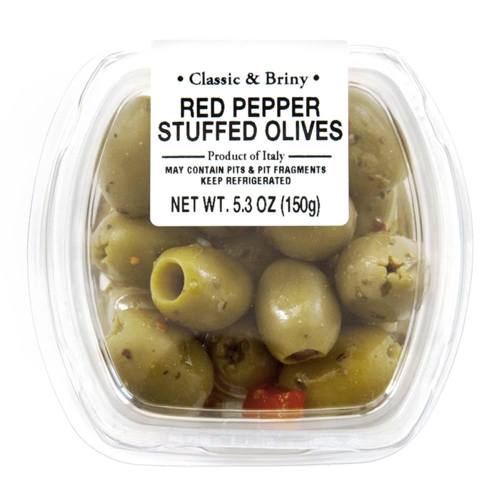 Fresh Pack Red Pepper Stuffed Olives, 5.3 oz (150g) - Premium Mediterranean Appetizer for Charcuterie Boards, Salads & Cocktail Garnish