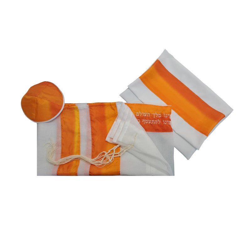 Elegant Orange Silk Striped Tallit for Women & Girls | Bat Mitzvah Prayer Shawl | Perfect for Synagogue Services & Jewish Ceremonies